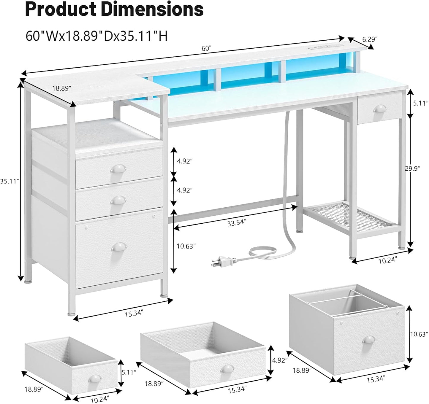 Furologee 60" Gaming Desk with LED Light & Charging Station – Dual Monitor Stands & Storage Cabinet for Home Office