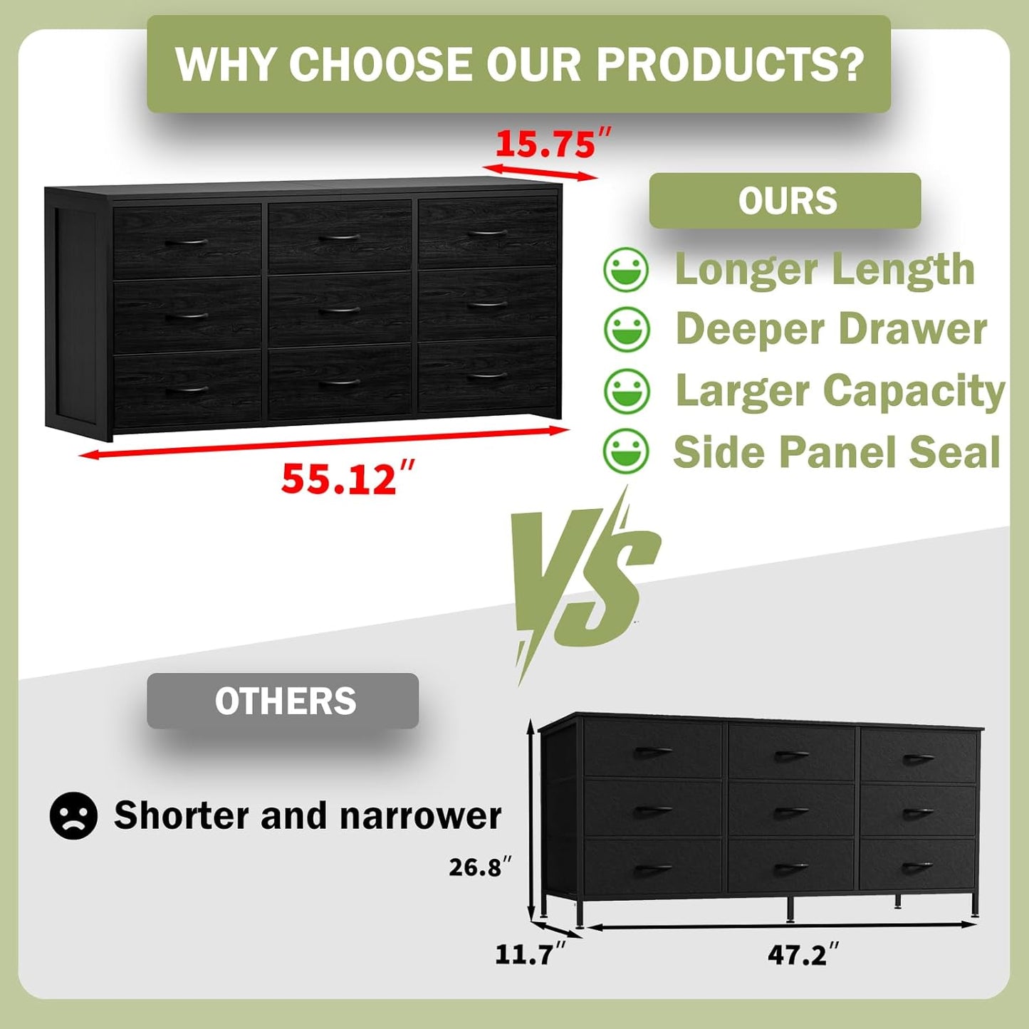 Black Dresser for Bedroom, Long Dresser for Closet, 9 Drawer TV Stand for 65 Inch TV, 15.75” Deepth Fabric Drawer, Chest of Drawer Large Storage Organizer, Hallway Furniture, Wooden Top Side