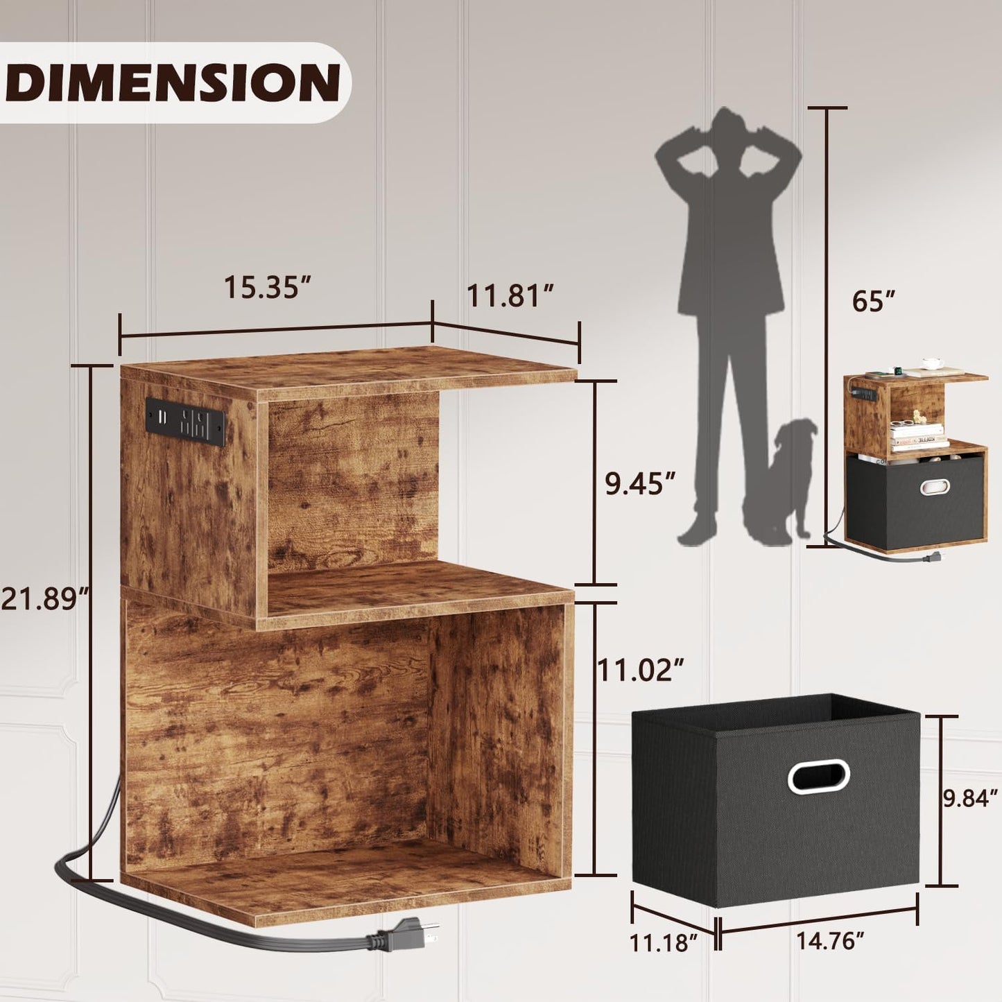 Modern 3-Tier Bedside Table with Charging Station and Storage Drawer, Wood Nightstand for Small Spaces in Bedroom or Living Room