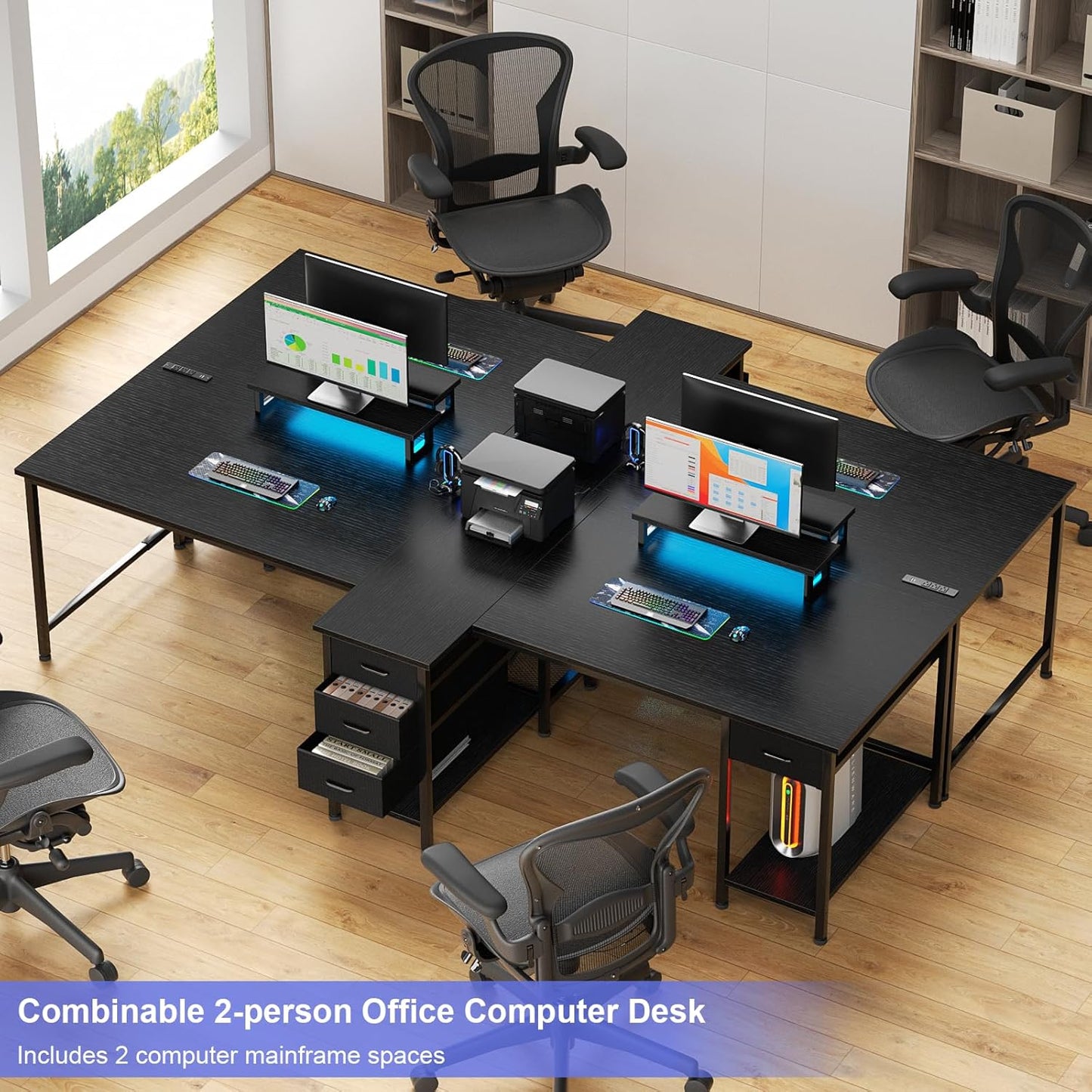Double Desk w/ Power Outlet & LED Light, 2 Monitor Stands, 4 Storage Drawers – Black