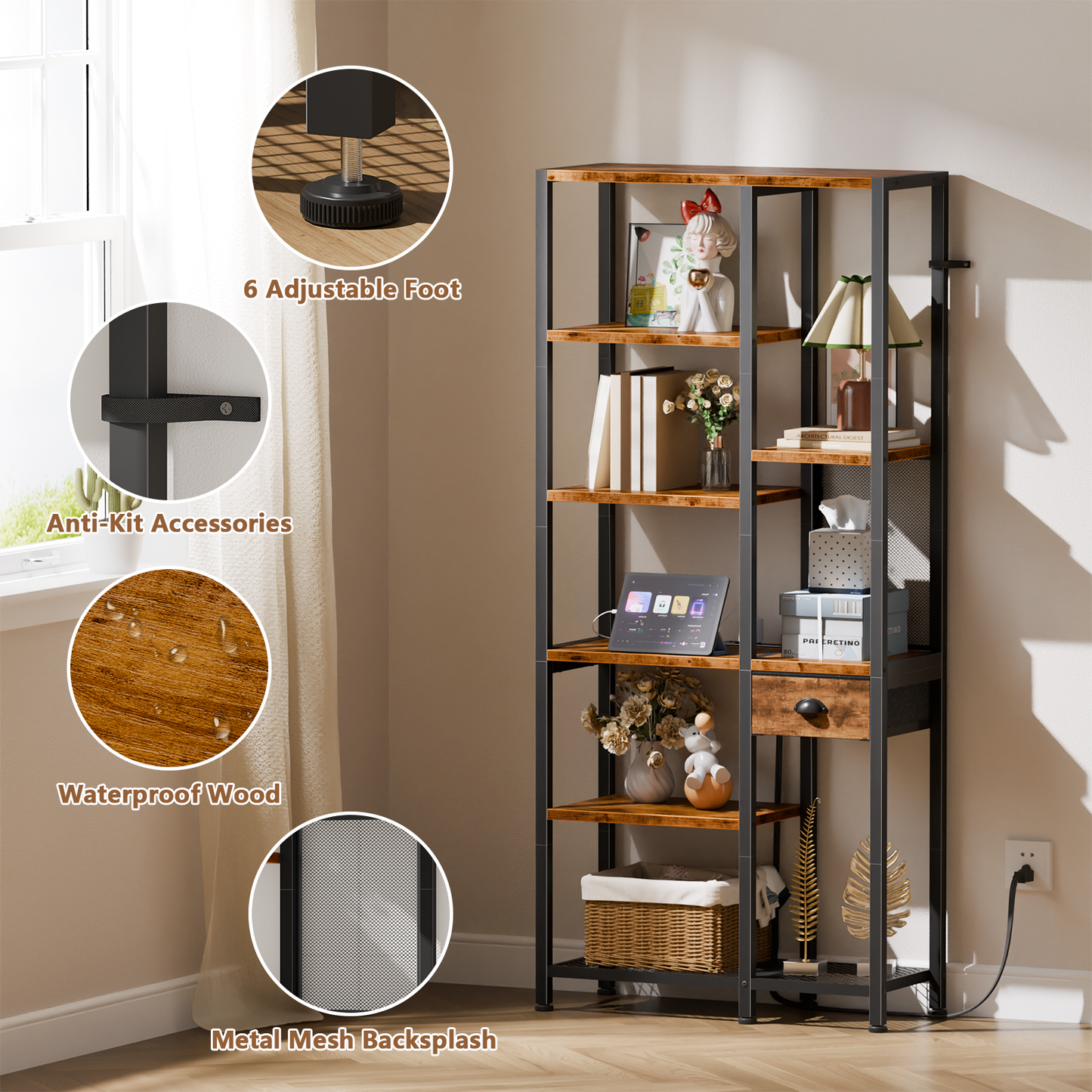 Furologee 6-Tier Bookshelf with Charging Station