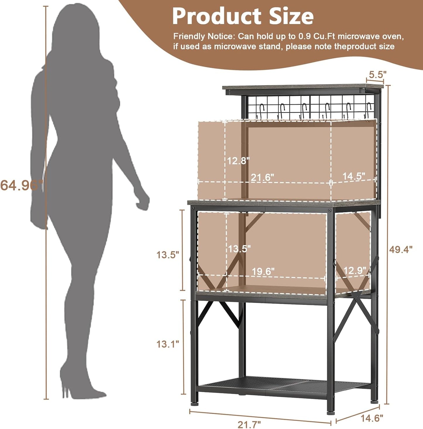 Furologee 4-Tier Kitchen Baker’s Rack with Pegboard & Hooks – Microwave Stand, Coffee Bar Station, Storage Shelf for Spices & Cookware, Black Oak