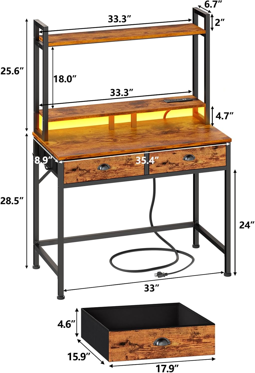 Furologee 36” Computer Desk with Hutch, LED & Power Outlet, Rustic Writing Table with Storage