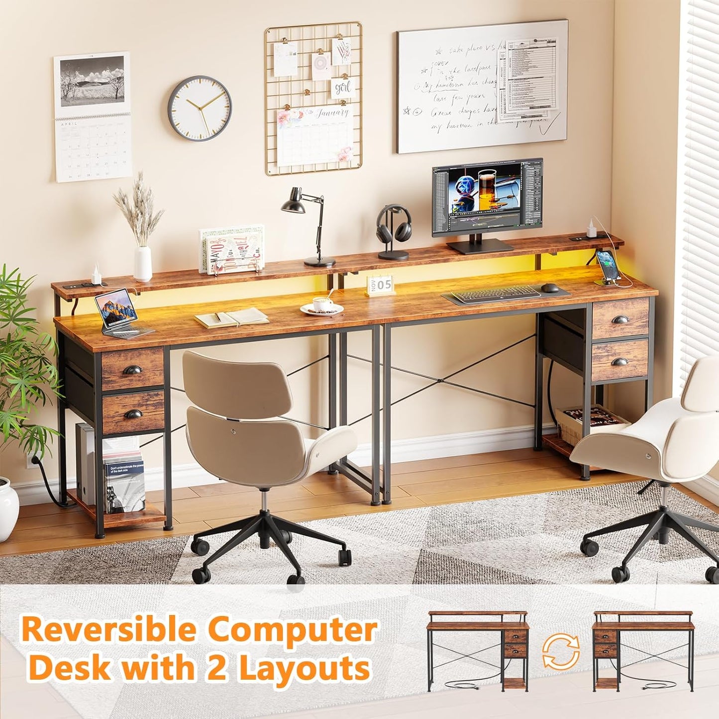 Computer Gaming Desk with Power Outlets & LED Lights, Reversible Home Office Desk with 2 Storage Drawers, Full Monitor Stand, 47 Inch Work Writing Study Table, Rustic Brown