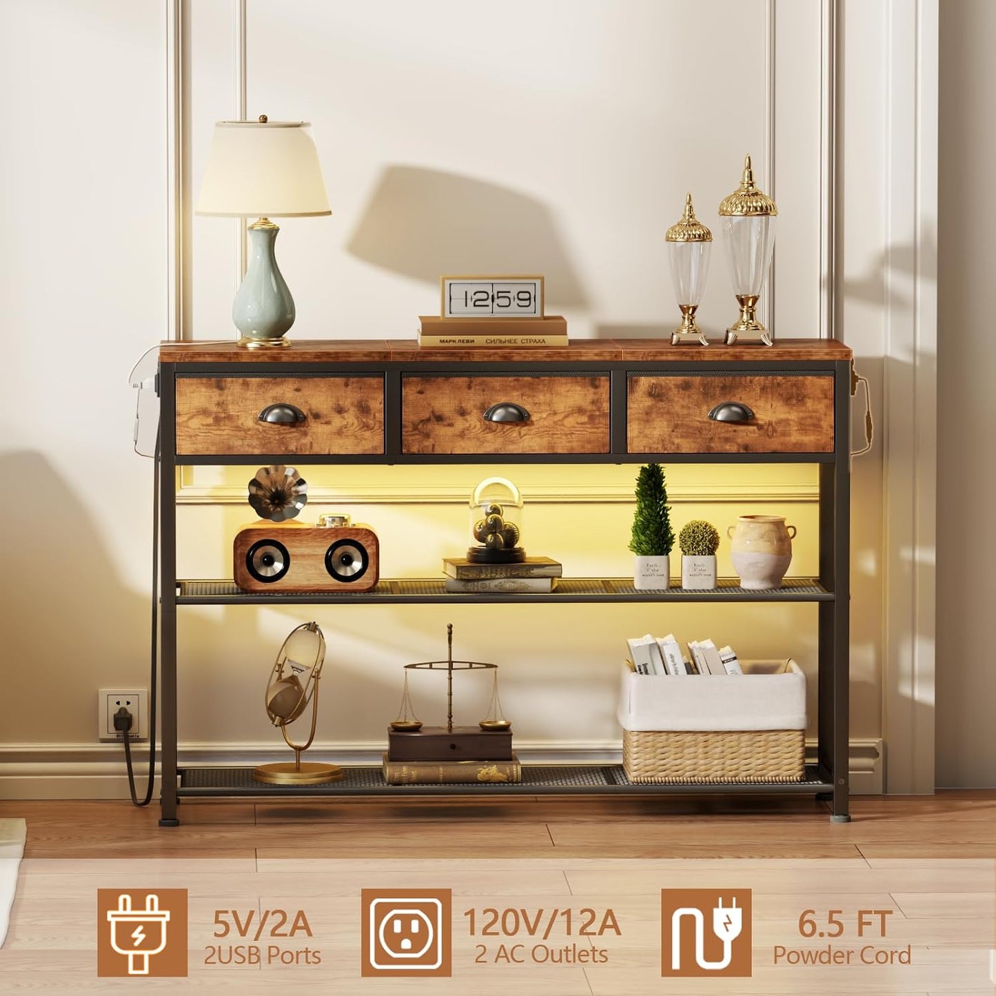 Furologee 38" Entryway Table with LED, Charging Station & 3 Fabric Drawers – Rustic Console Table with Storage Shelves