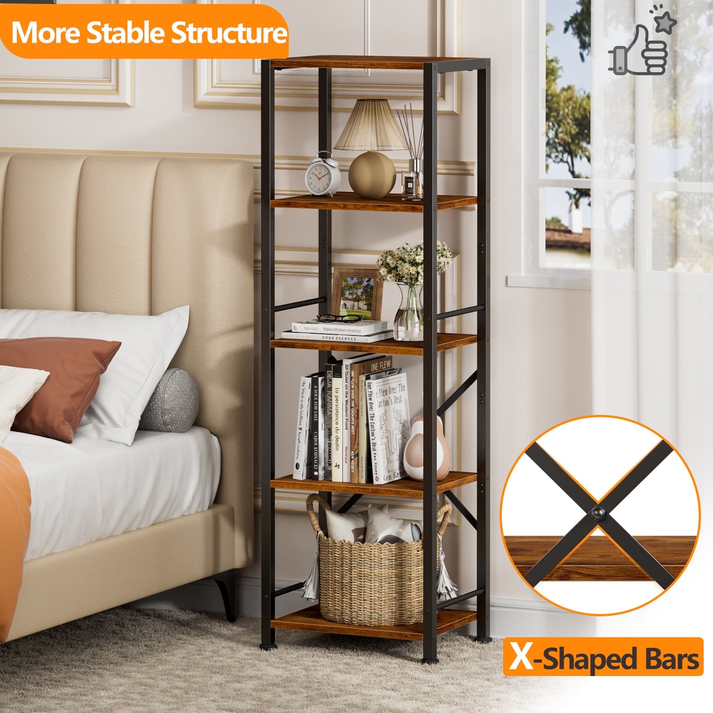 Furologee 5 Tier Tall Bookshelf, Rustic Narrow Bookcase