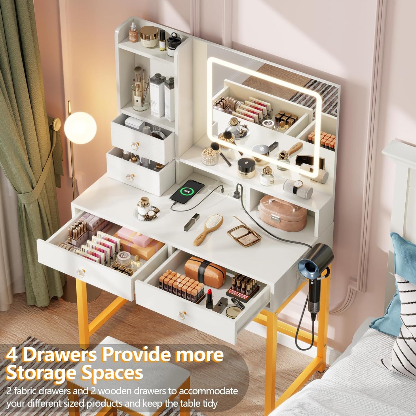 Furologee Vanity Desk with LED Lights Mirror and Power Outlets, Small Makeup Vanity Desk Stool Set with 4 Drawers, Dressing Table with Chair for Bedroom,3 Model Adjustable Lights,White and Gold