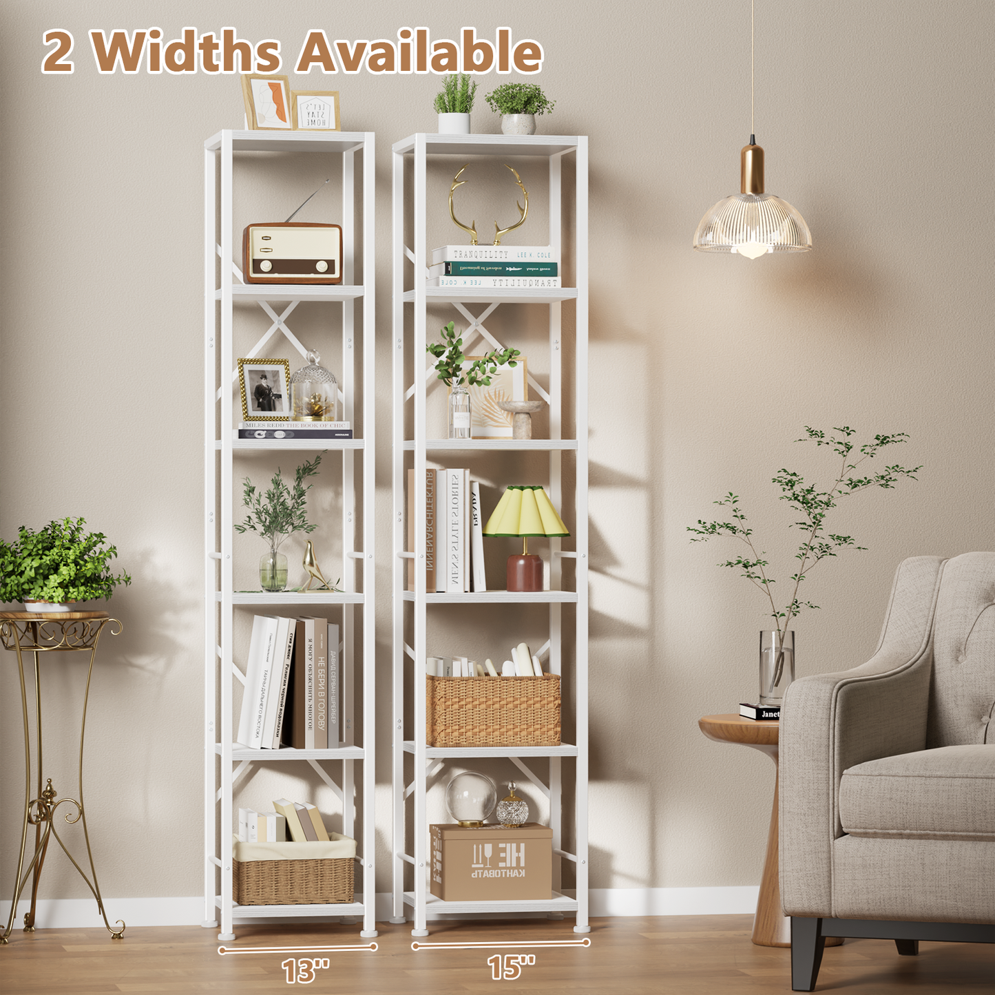 Furologee White Bookshelf 6 Tier Tall Narrow Bookcase, Modern Display Standing Shelf Unit