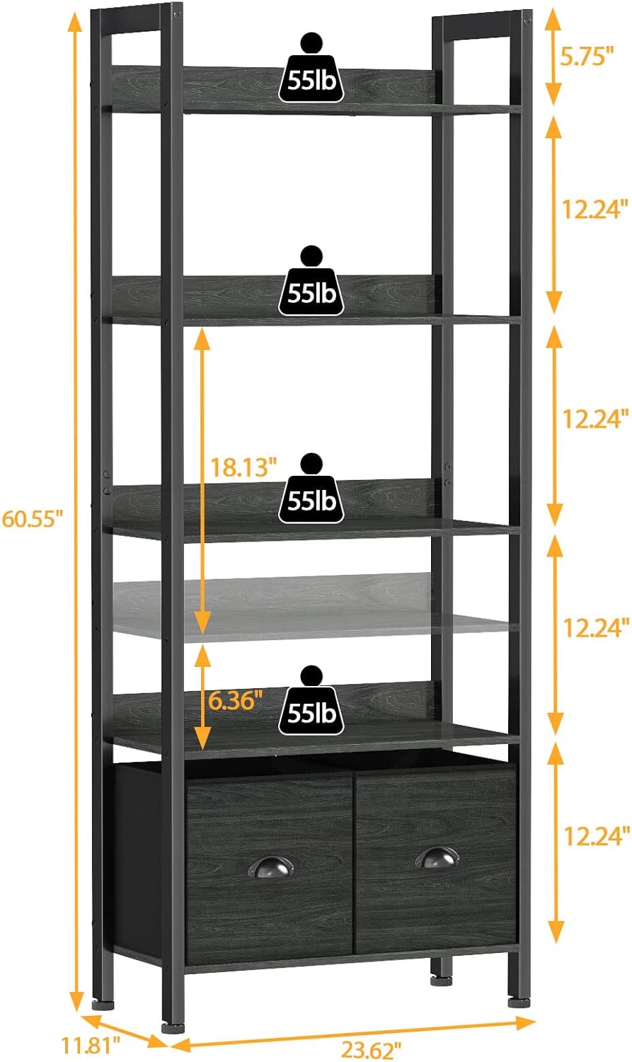 Furologee 5-Tier Bookshelf with Drawers – Tall Industrial Bookcase for Living Room or Office