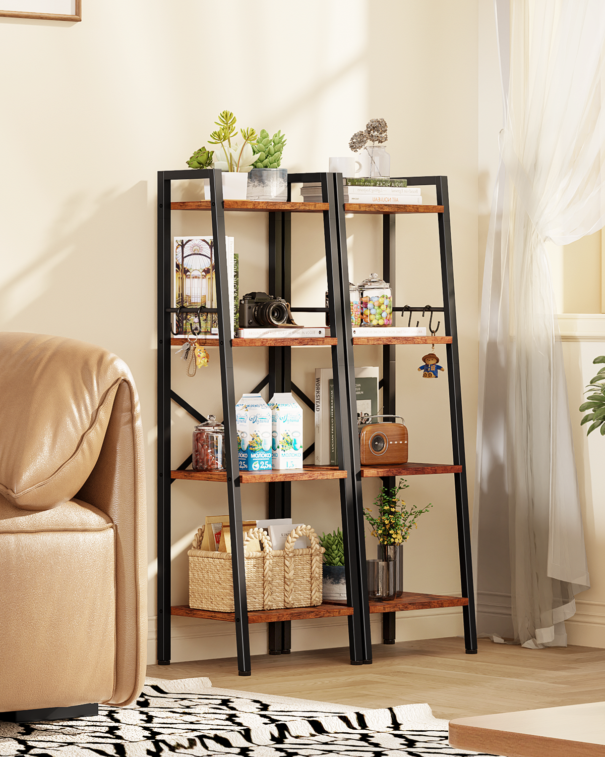 Furologee 4 Tier Ladder Bookshelf Narrow, Metal Wooden Ladder Shelf Bookcase with 2 Hooks