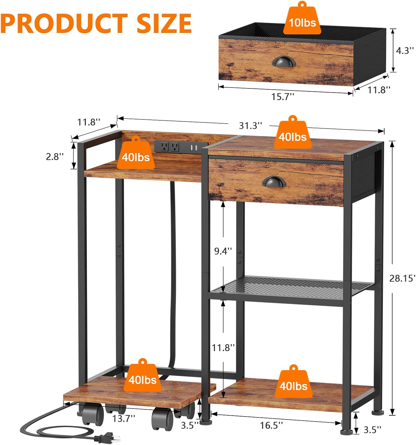 Furologee 3-Tier Printer Stand with Drawer, Charging Station & Wheels – Rustic Brown Printer Table with USB Ports for Home Office