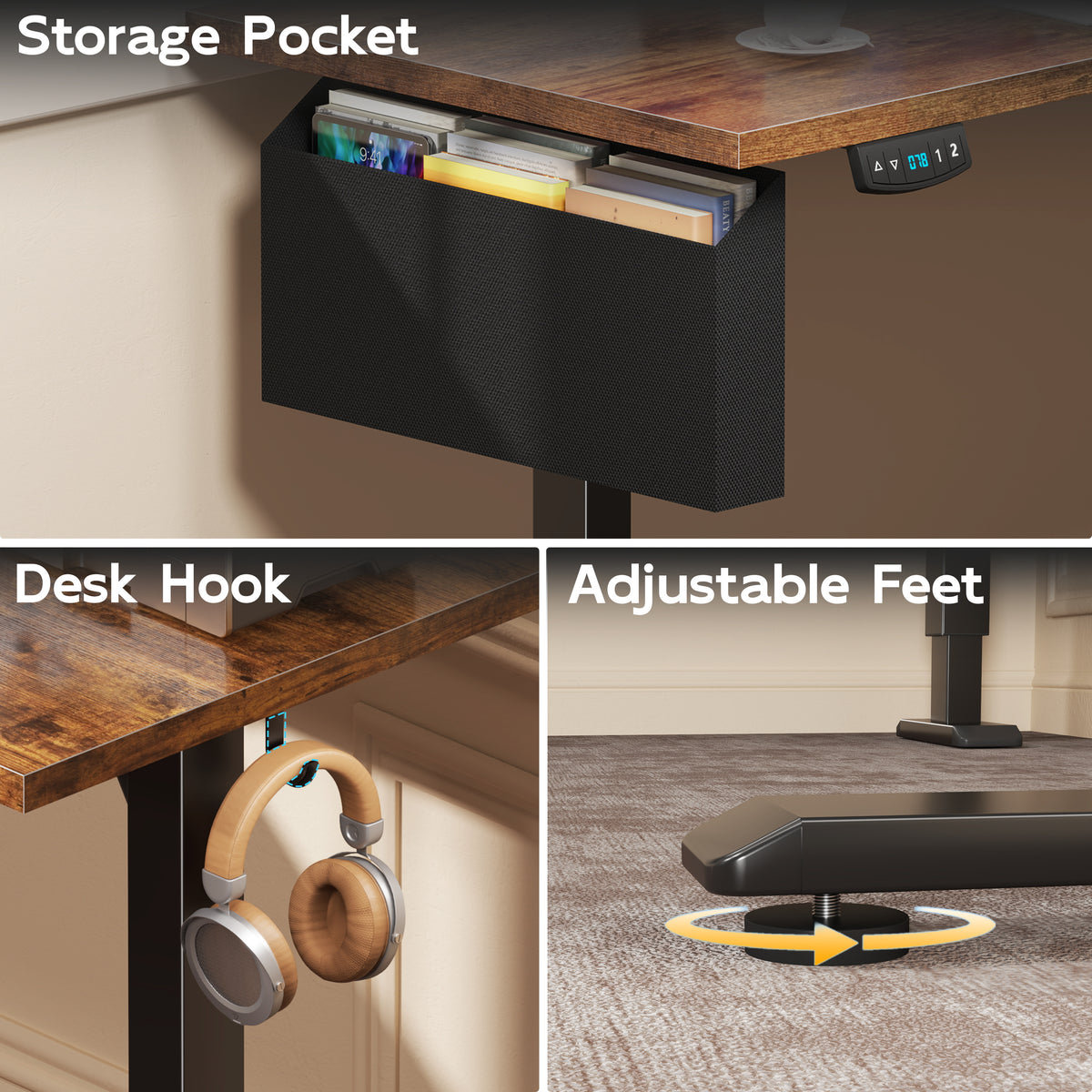 Furologee 63" Reversible L Shaped Standing Desk£¬Rustic Brown£¬Height Adjustable£¬Reversible Computer Desk for Home Office, Work, Study, Dorm£¬Electric Standing Desk with Memory Presets
