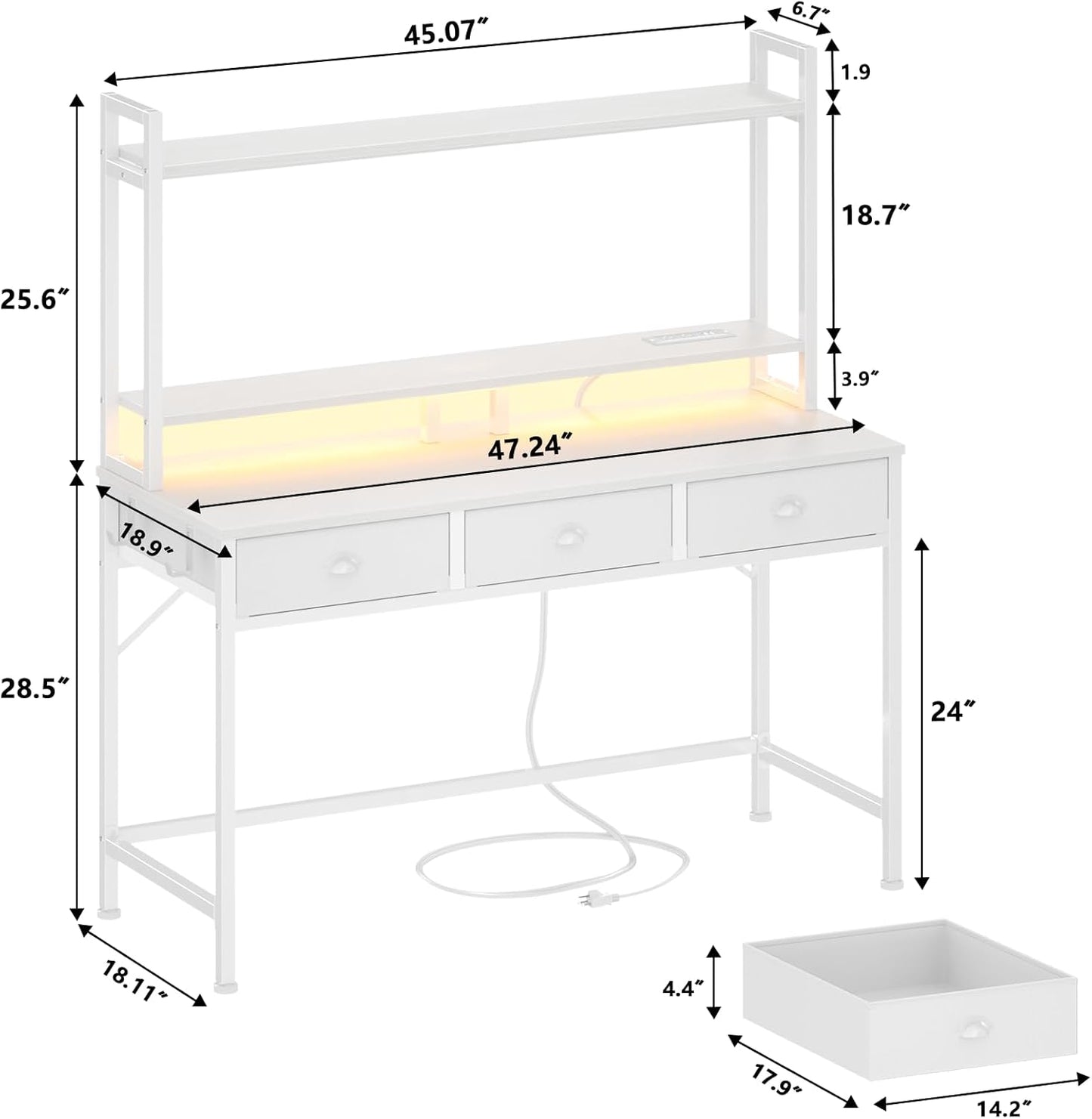 Furologee Computer Desk – 3 Drawers, Power Outlet, LED Light, Monitor Stand & Hutch, White
