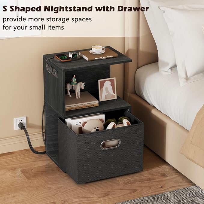 Modern 3-Tier Bedside Table with Charging Station and Storage Drawer, Wood Nightstand for Small Spaces in Bedroom or Living Room
