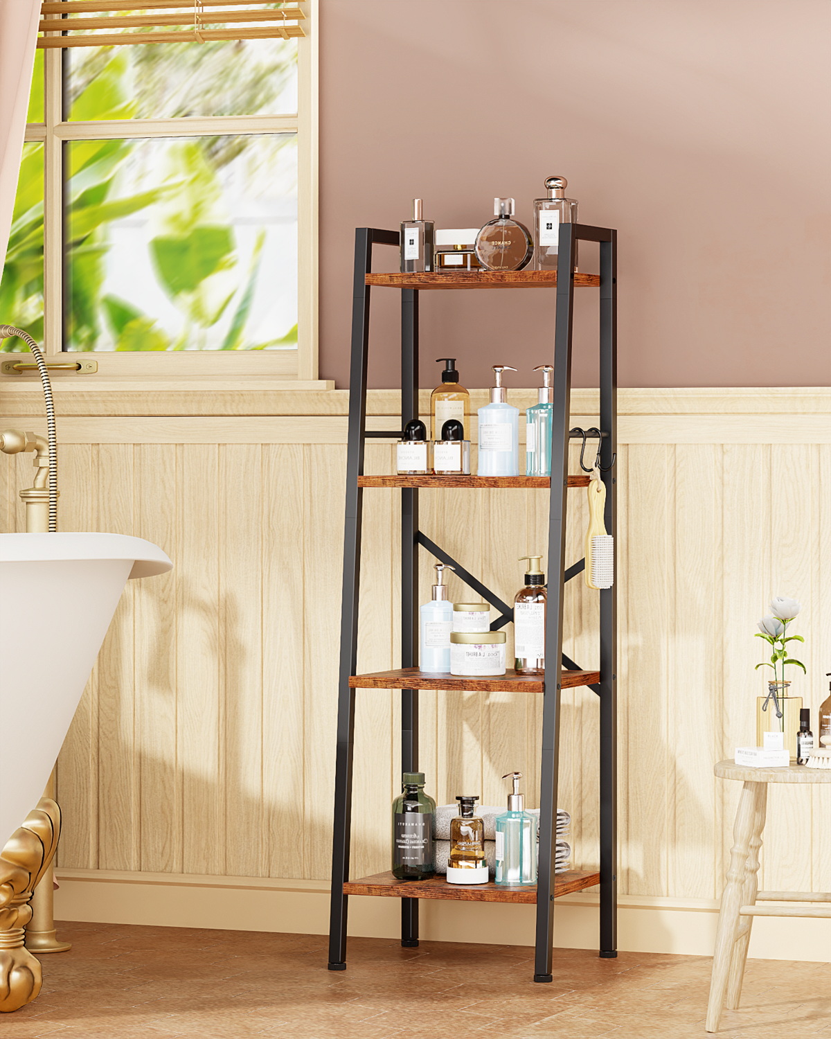 Furologee 4 Tier Ladder Bookshelf Narrow, Metal Wooden Ladder Shelf Bookcase with 2 Hooks