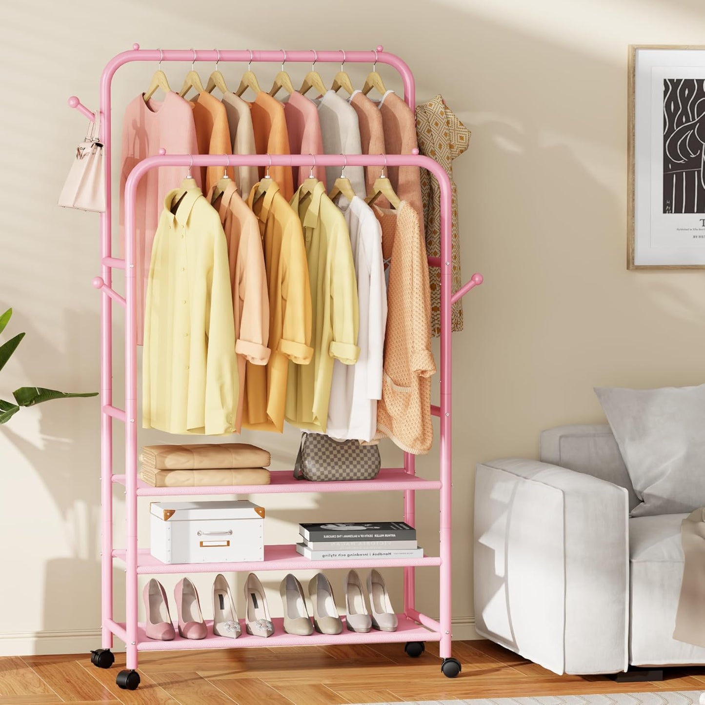 Furologee Pink Clothes Rack, Double Rods Clothing Racks for Hanging Clothes, Rolling Garment Racks with 3-Tier Shelves, Portable Rack with Wheels for Bedroom, Laundry, Living Room