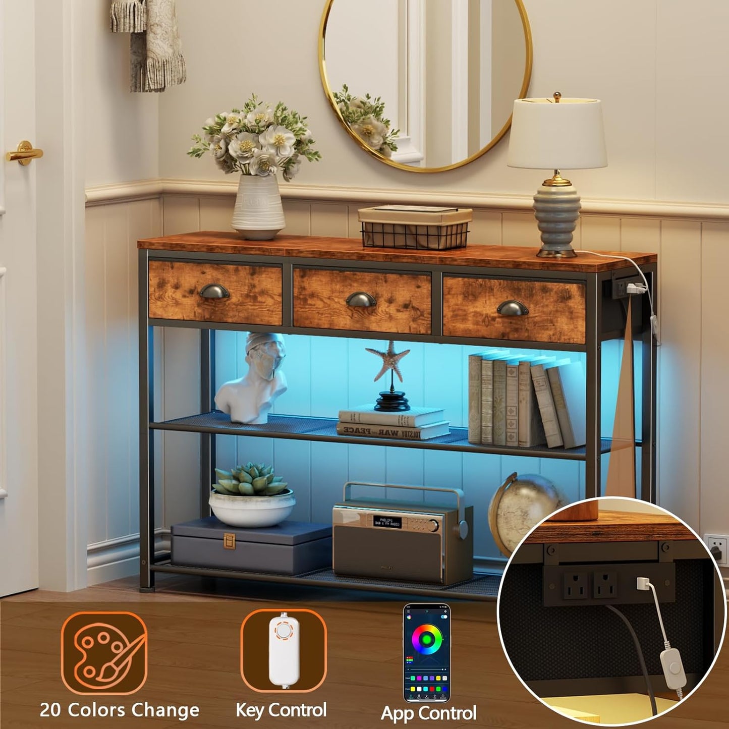 Furologee 38" Entryway Table with LED, Charging Station & 3 Fabric Drawers – Rustic Console Table with Storage Shelves