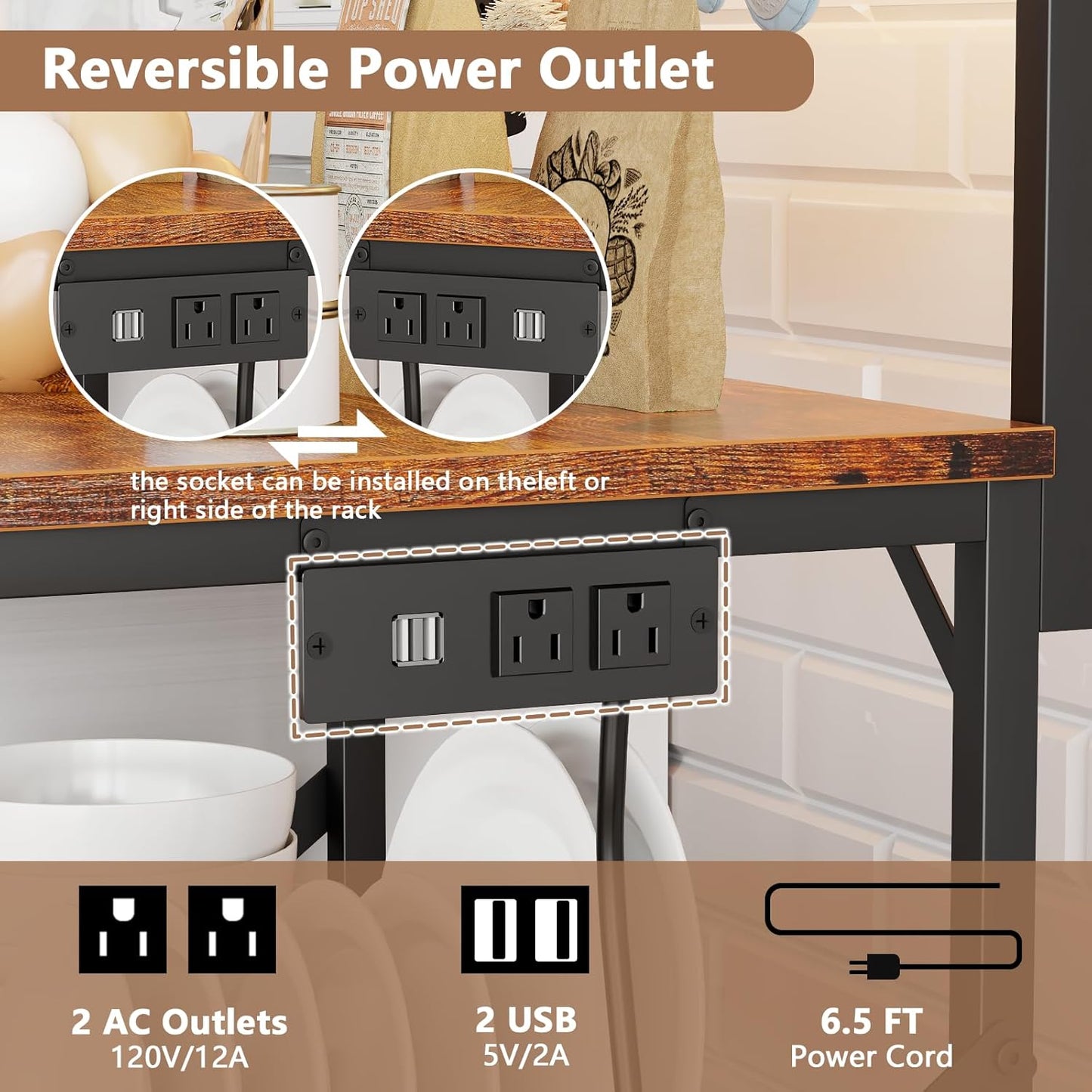 Furologee Kitchen Bakers Rack with LED Light & Outlet, Microwave Coffee Bar Stand with Storage Shelves & Hooks