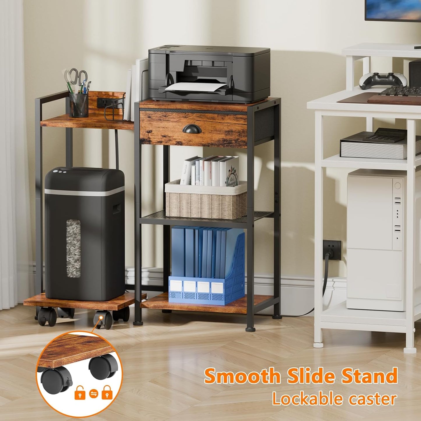 Furologee 3-Tier Printer Stand with Drawer, Charging Station & Wheels – Rustic Brown Printer Table with USB Ports for Home Office