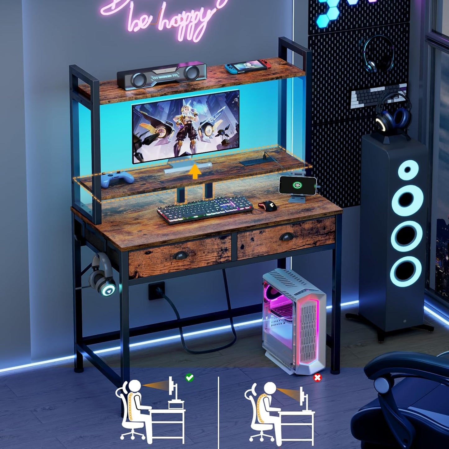 Furologee 36” Computer Desk with Hutch, LED & Power Outlet, Rustic Writing Table with Storage
