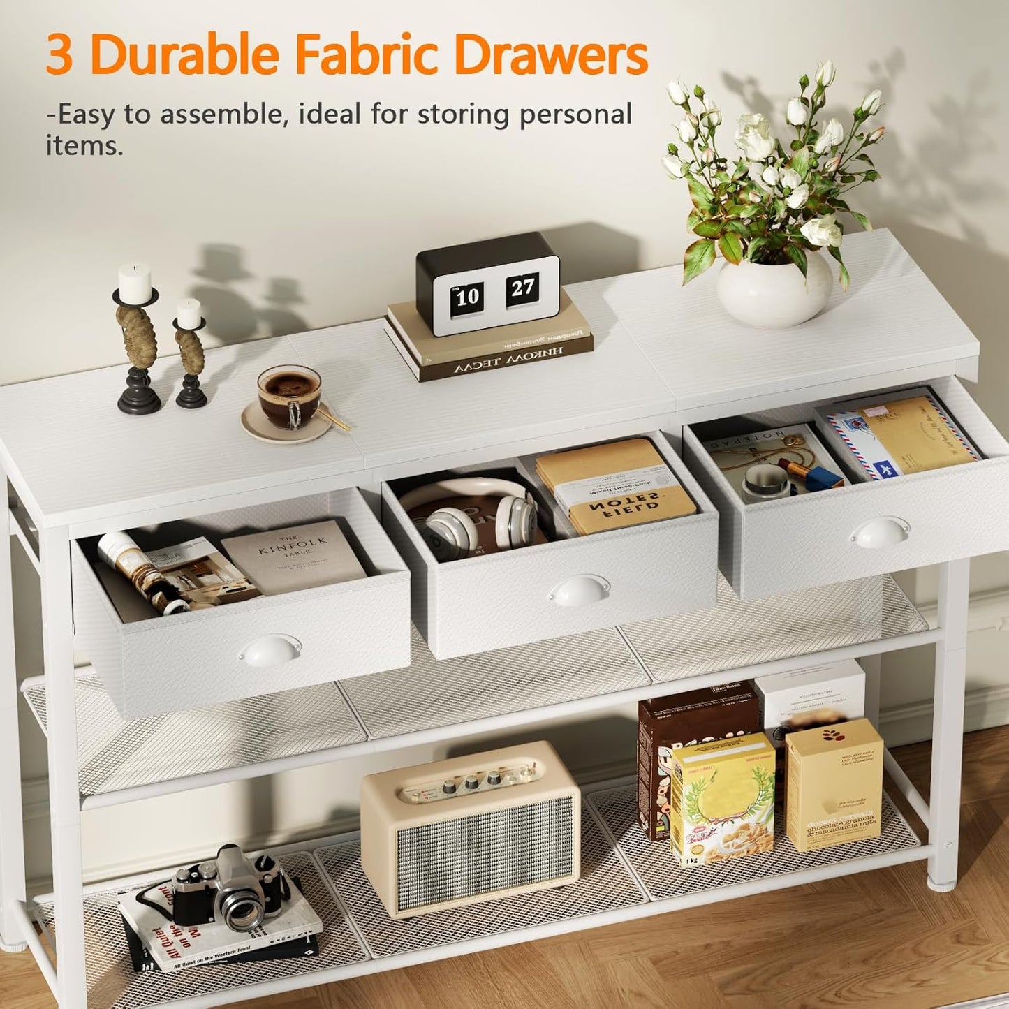 Furologee Entryway Console Table with 2 Fabric Drawers & Storage Shelf – Rustic Brown Hallway Sofa Table for Foyer or Entrance