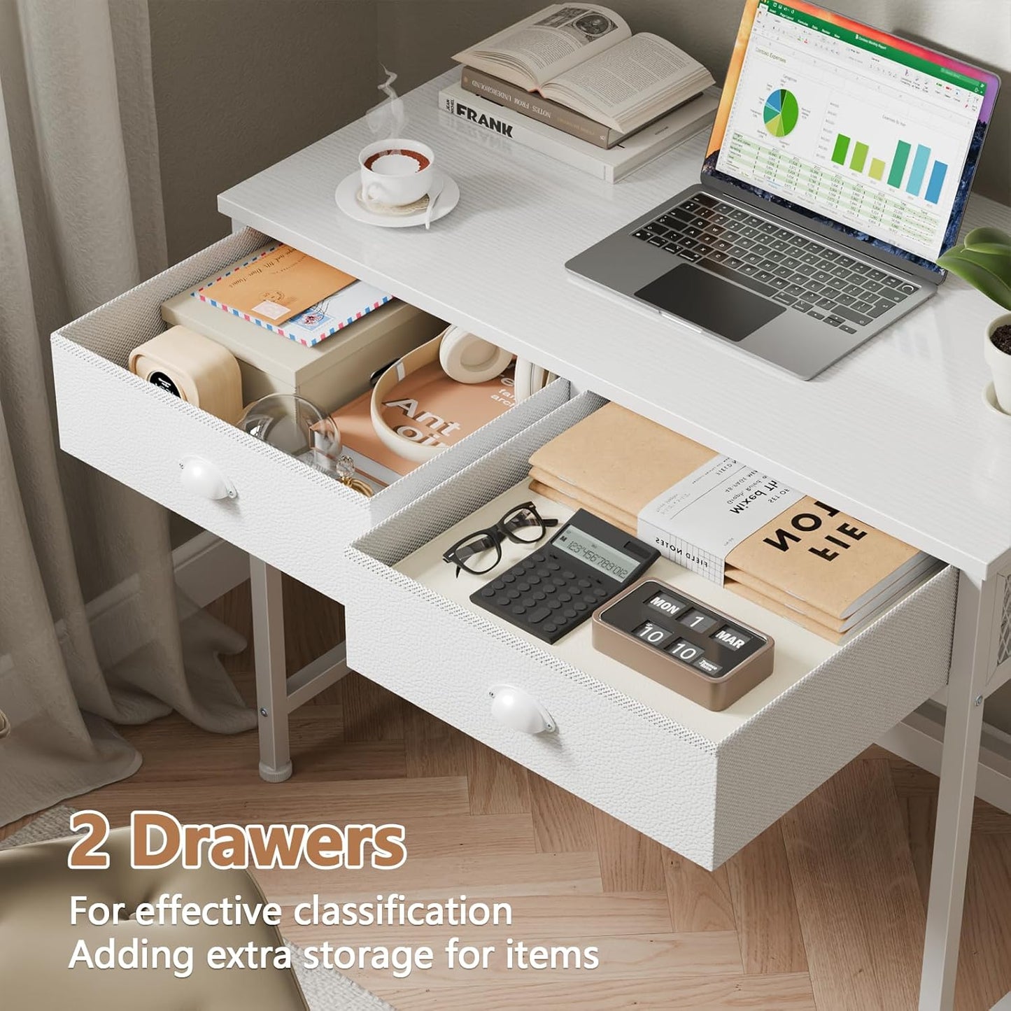Furologee 34” White Computer Desk with Fabric Drawers & Hooks – Small Home Office or Vanity Table
