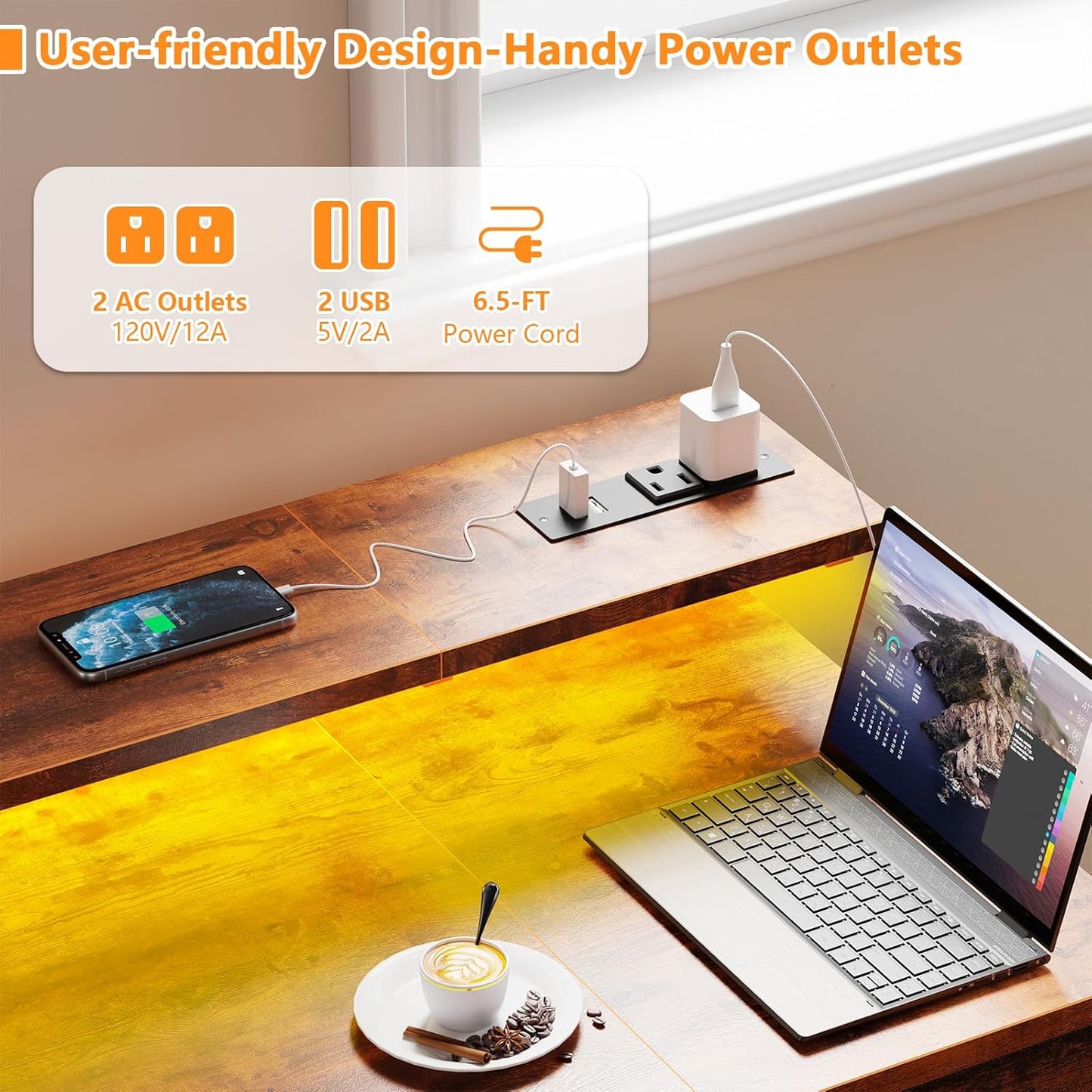 Computer Gaming Desk with Power Outlets & LED Lights, Reversible Home Office Desk with 2 Storage Drawers, Full Monitor Stand, 47 Inch Work Writing Study Table, Rustic Brown