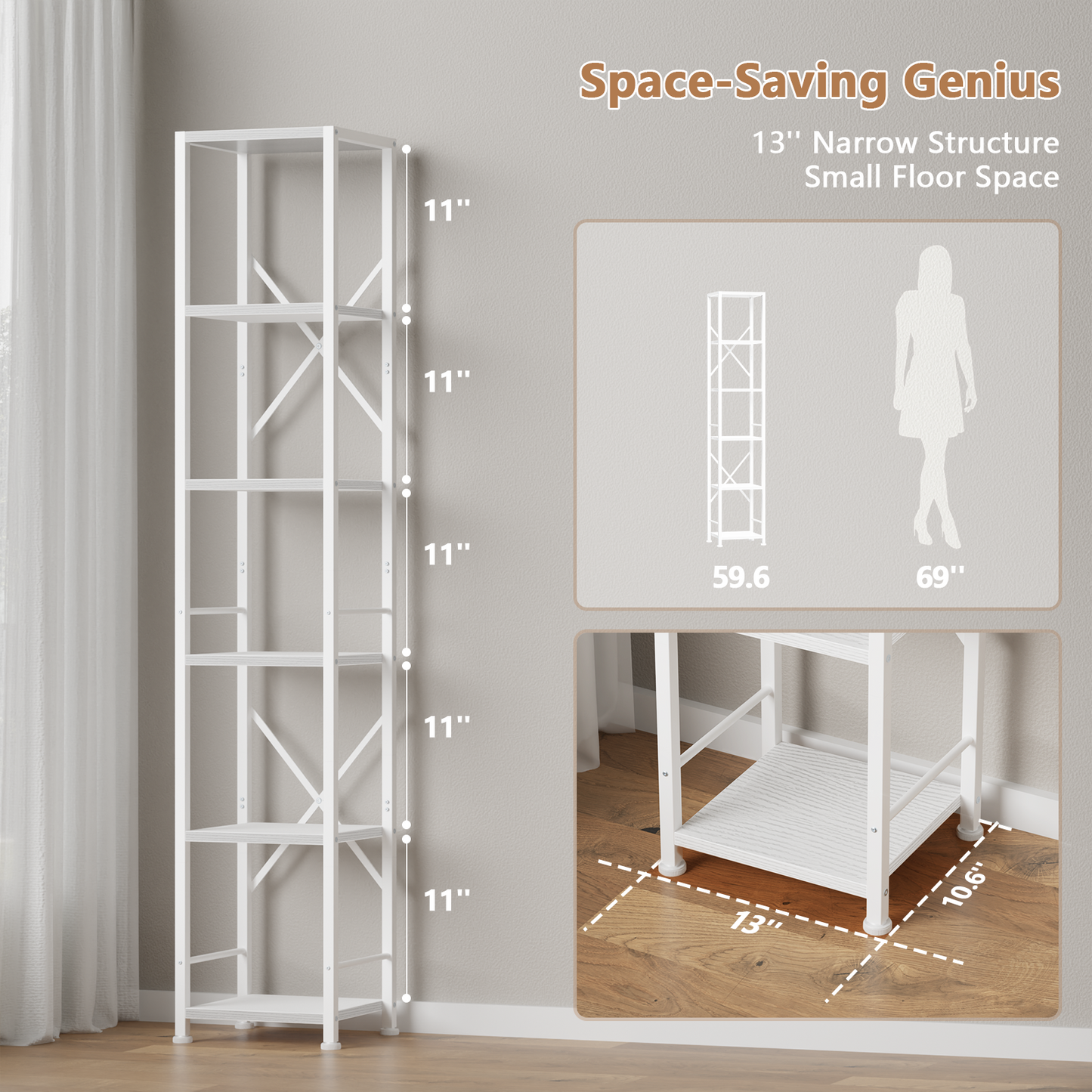 Furologee White Bookshelf 6 Tier Tall Narrow Bookcase, Modern Display Standing Shelf Unit