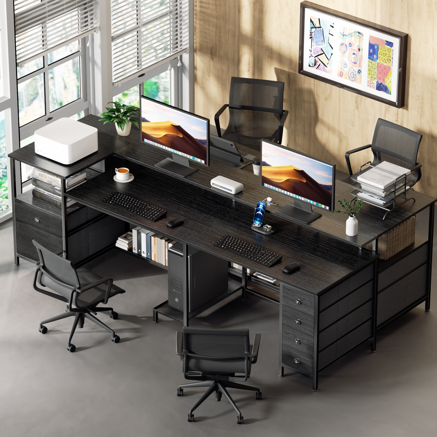 Furologee 66" L Shaped Gaming Desk with 6 Drawers & Printer Storage Shelves
