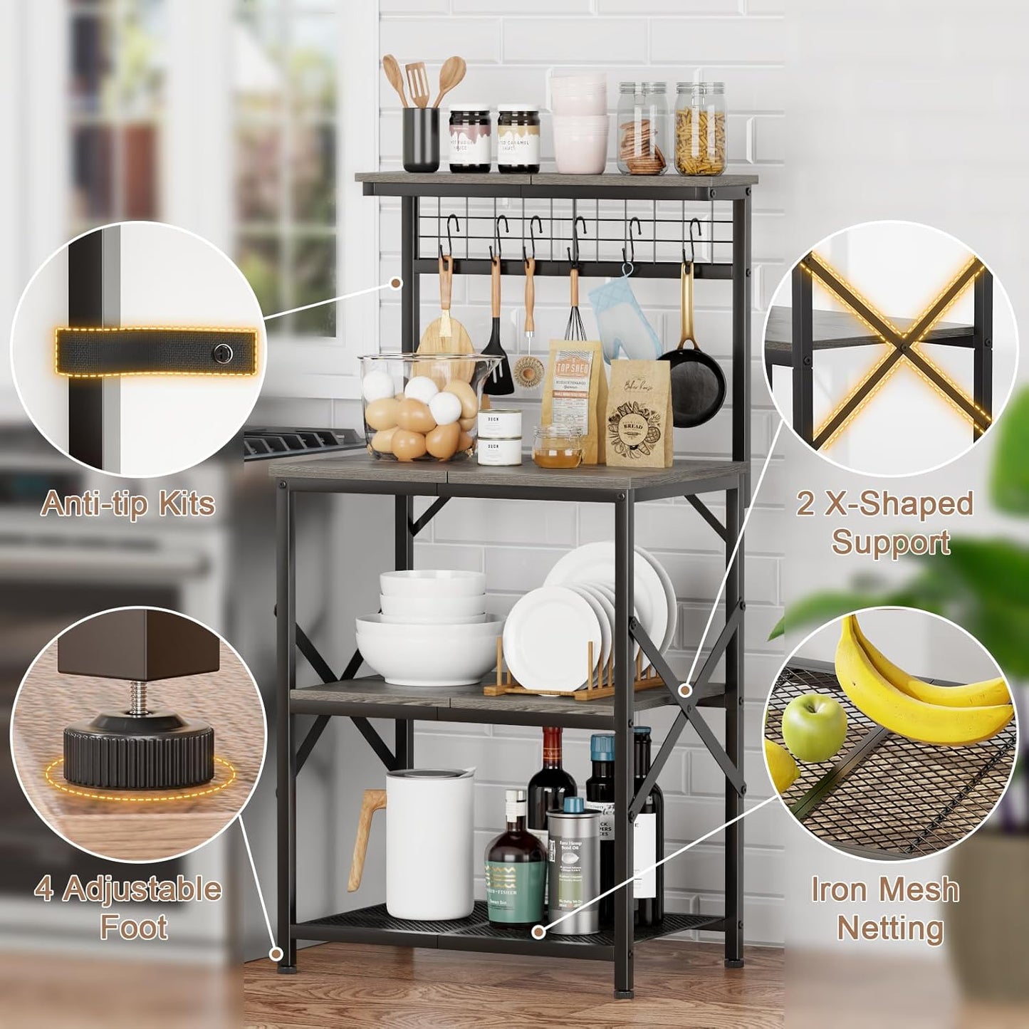 Furologee 4-Tier Kitchen Baker’s Rack with Pegboard & Hooks – Microwave Stand, Coffee Bar Station, Storage Shelf for Spices & Cookware, Black Oak