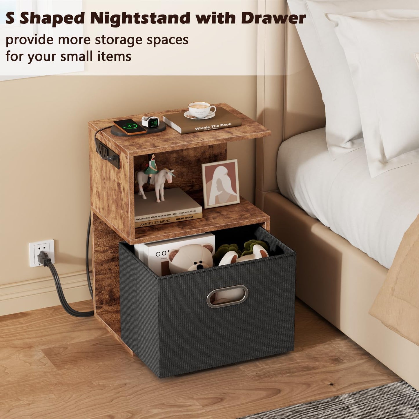 Modern 3-Tier Bedside Table with Charging Station and Storage Drawer, Wood Nightstand for Small Spaces in Bedroom or Living Room