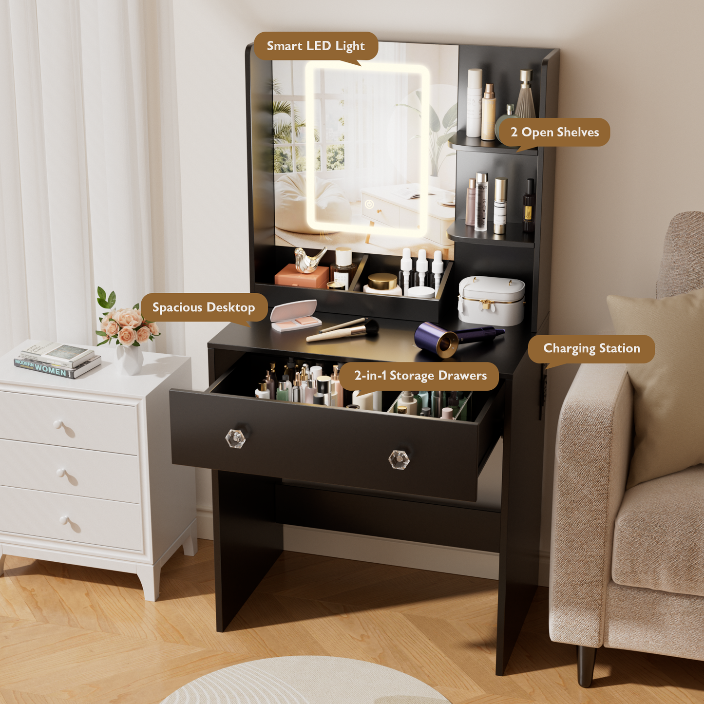 Vanity Desk with Mirror and LED Lights, Modern Small Makeup Vanity Desk with 2 Drawers, 3 Storage Shelves, 24 Inches Make UP Dressing Table with Power Outlet, 3 Adjustable Lights for Bedroom, Black