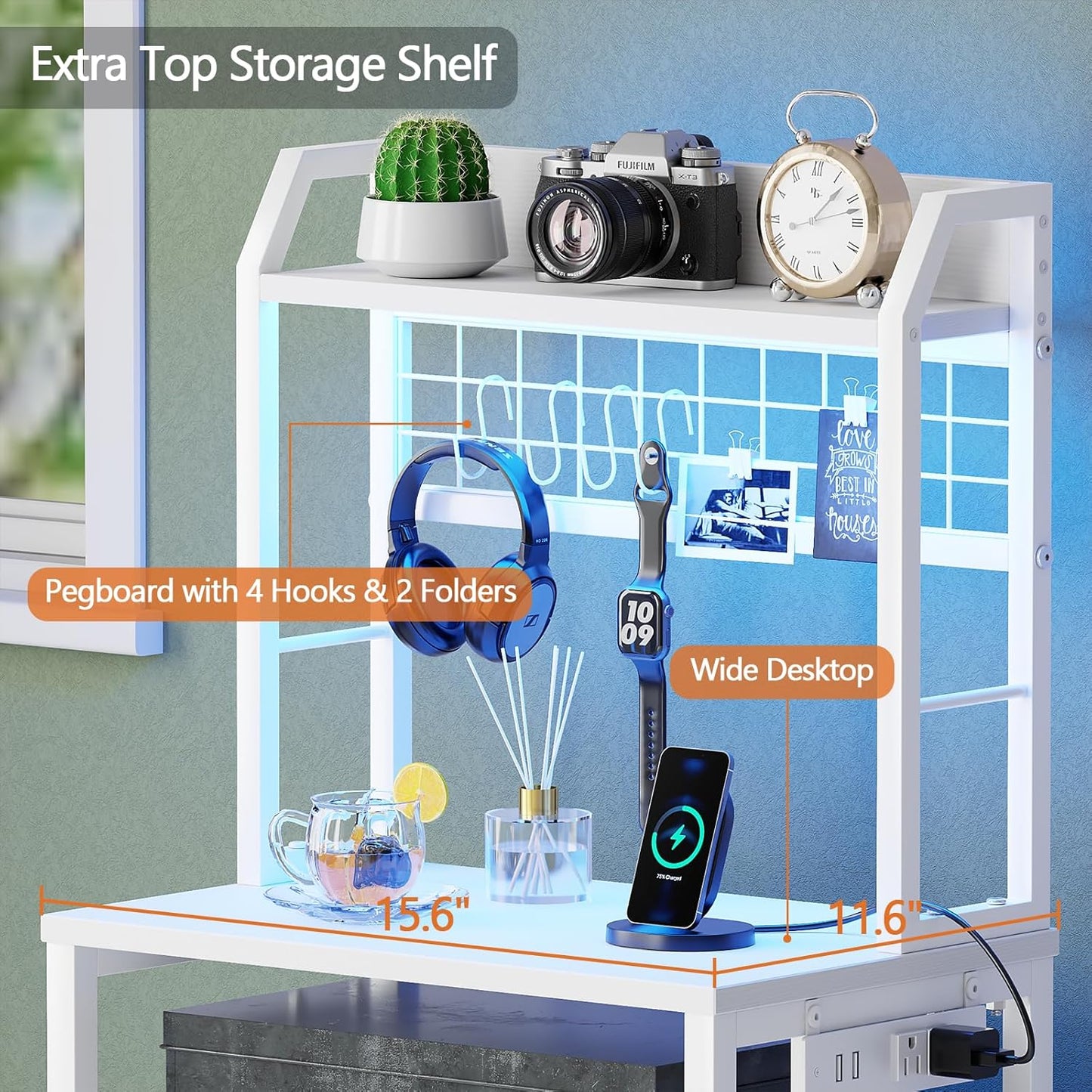 Furologee 40" Tall Nightstand with Charging Station, LED Lights & Storage – Bedside Table with Drawers & Pegboard