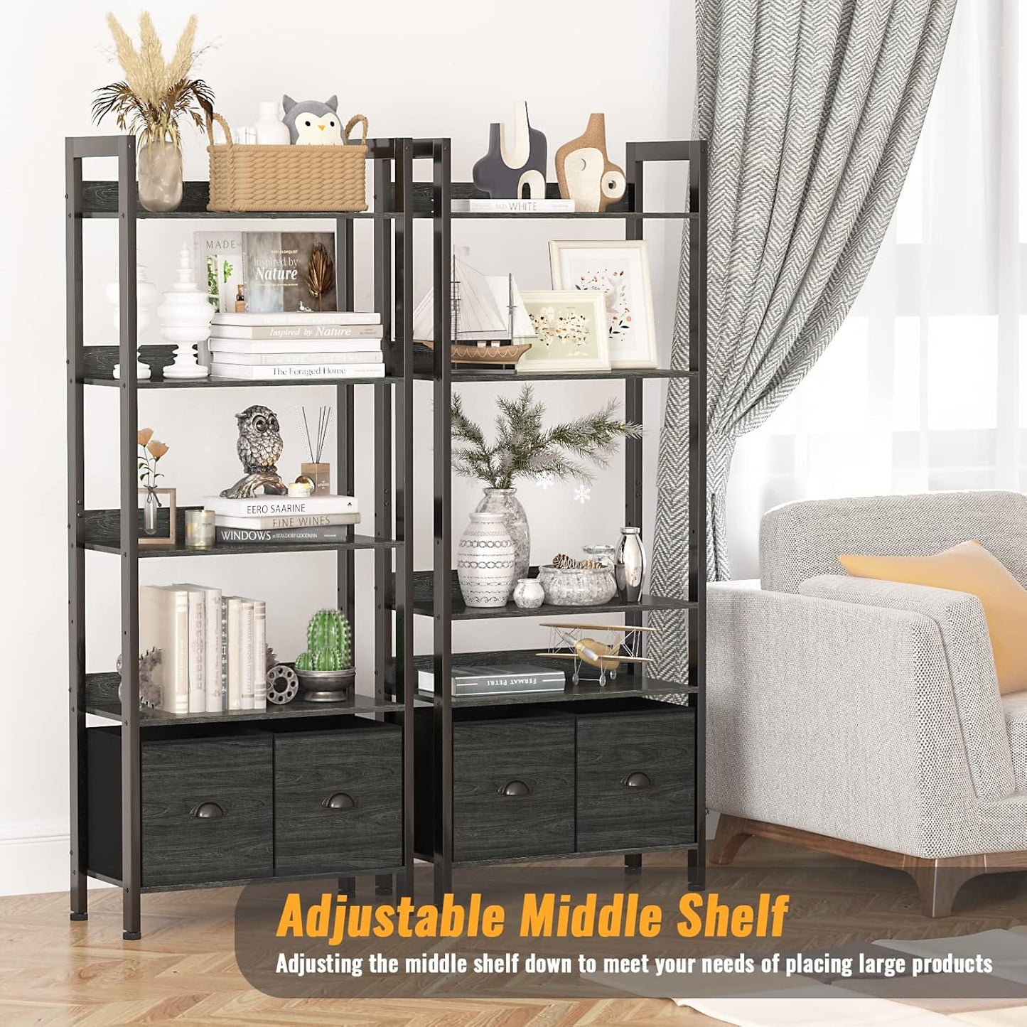 Furologee 5-Tier Bookshelf with Drawers – Tall Industrial Bookcase for Living Room or Office
