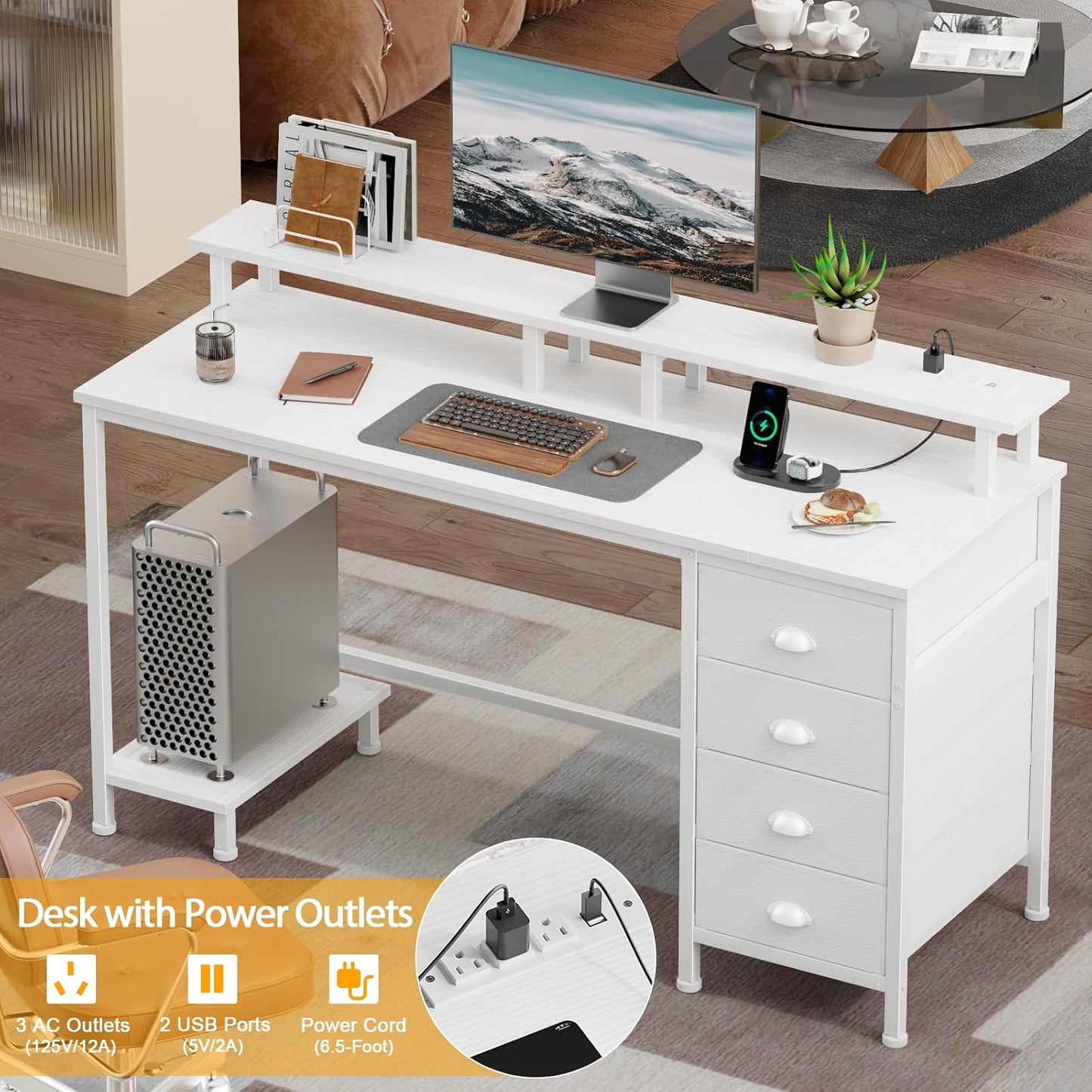 Furologee 55" Gaming Computer Desk with LED Lights, Power Outlets & 4 Fabric Drawers – Monitor Stand & Shelf for Home Office