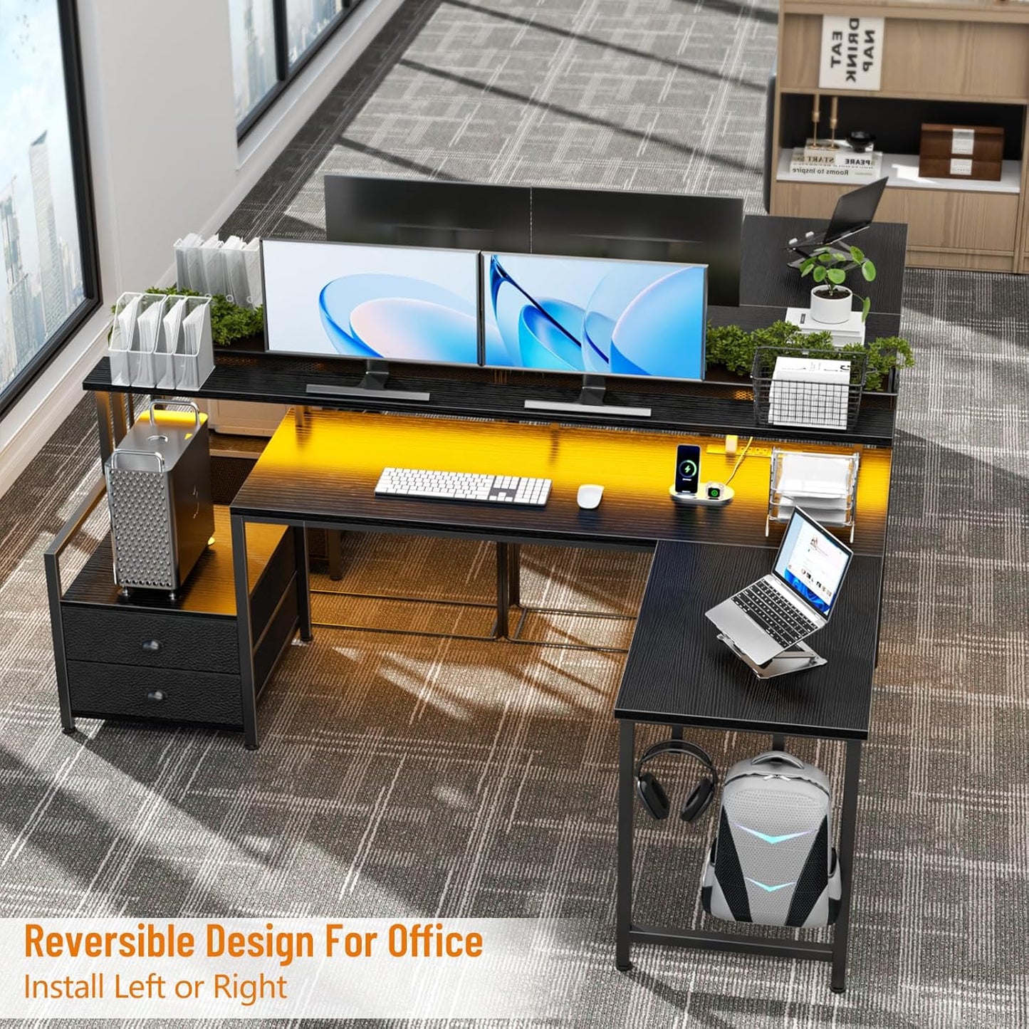 Furologee 66" L Shaped Gaming Desk with Power Outlet & LED Lights, Reversible Corner Computer Desk with 2 Drawers & Storage Shelves for Home Office, Large PC Table with Monitor Stand, Black