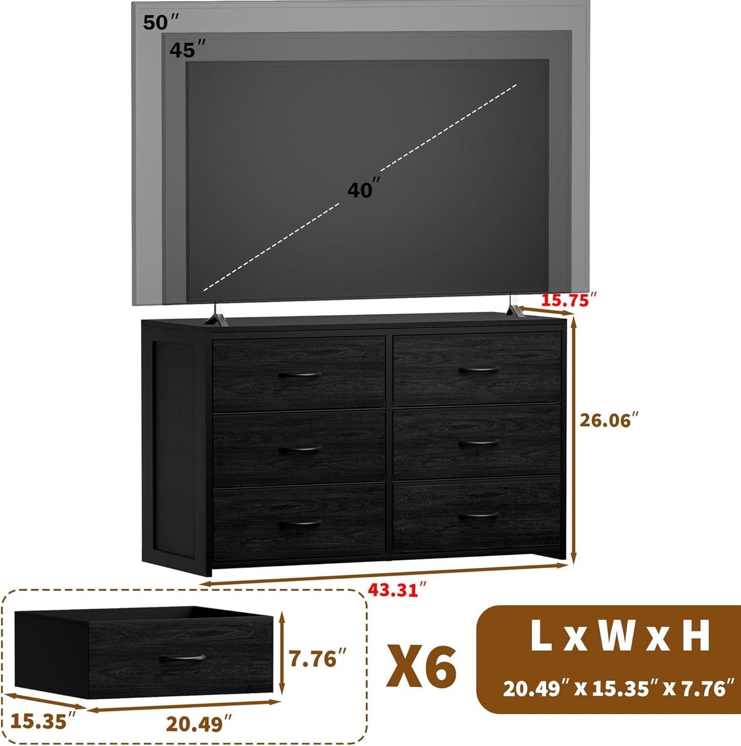6 Drawer Dresser for Bedroom, TV Stand for 55” TV, Black Dresser for Closet, Entryway, 15.75” Deepth Fabric Drawer, Large Storage Organizer, Wooden Top and Side Board, Sturdy Steel Frame