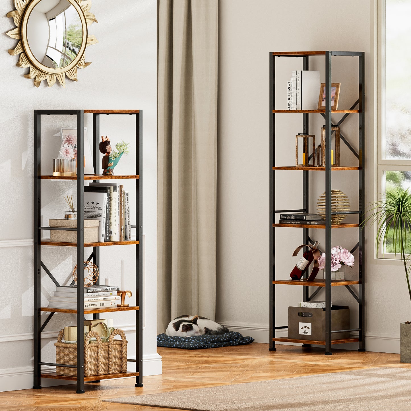 Furologee 5 Tier Tall Bookshelf, Rustic Narrow Bookcase