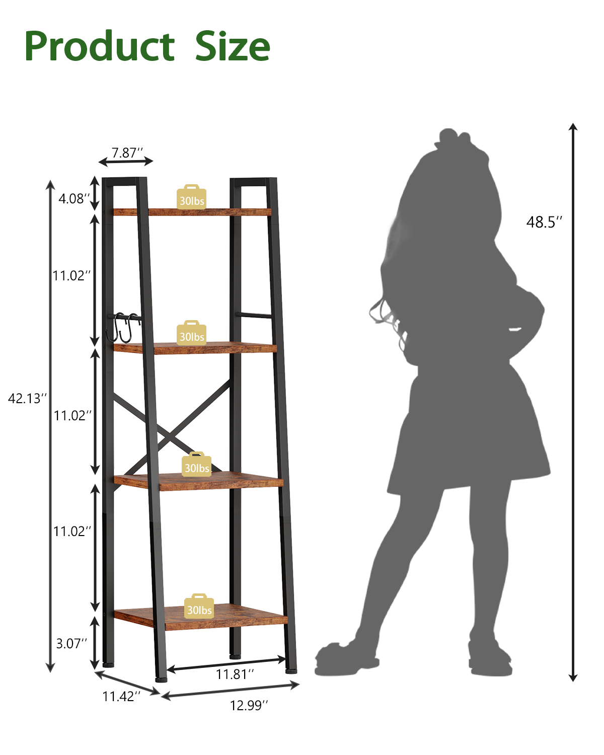 Furologee 4 Tier Ladder Bookshelf Narrow, Metal Wooden Ladder Shelf Bookcase with 2 Hooks