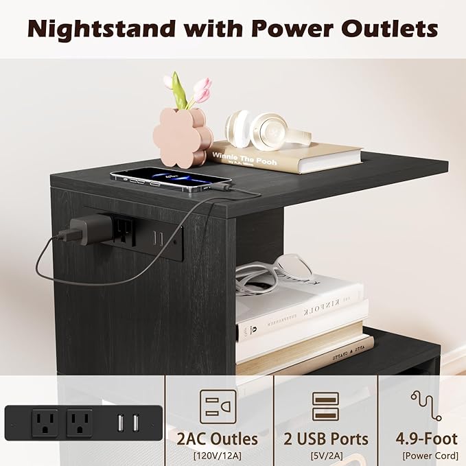 Modern 3-Tier Bedside Table with Charging Station and Storage Drawer, Wood Nightstand for Small Spaces in Bedroom or Living Room