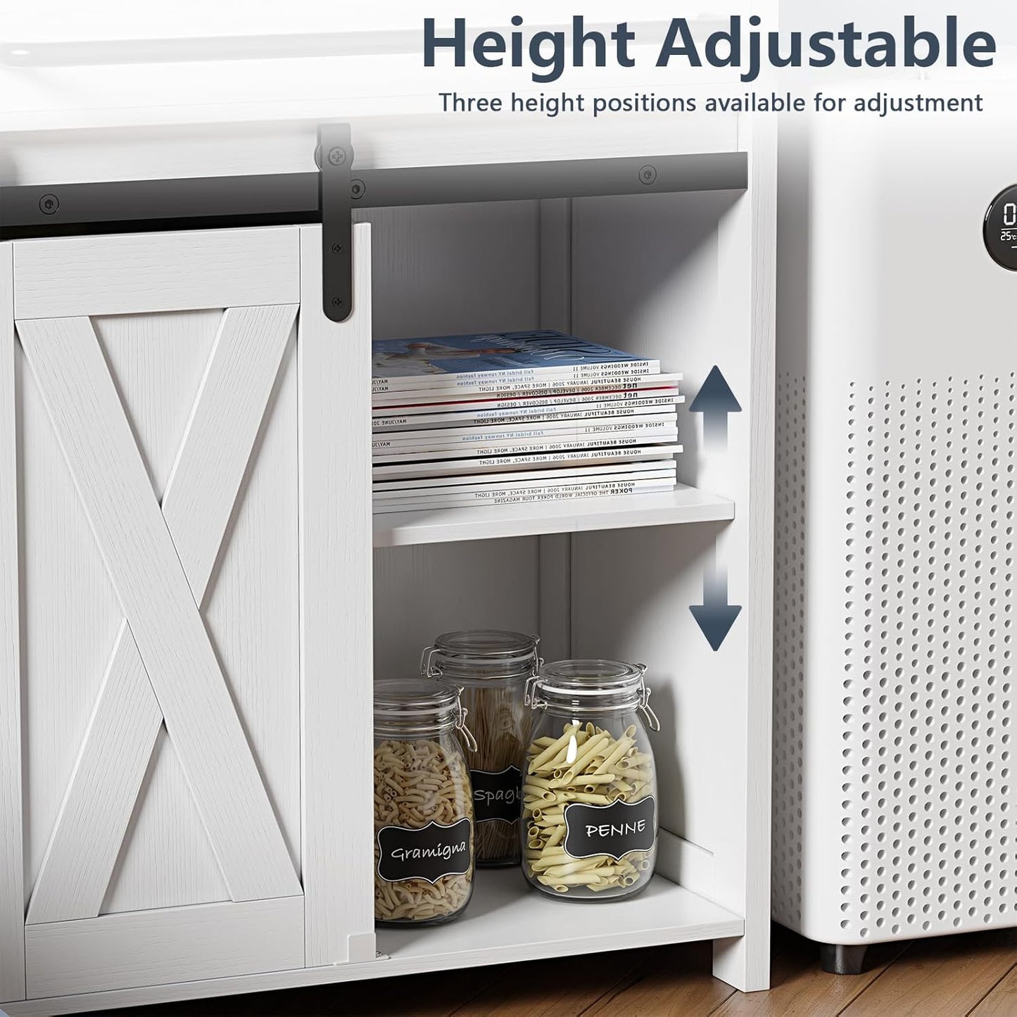 Storage Cabinet with Tray Drawer, White Farmhouse Coffee Bar Cabinet with Sliding Door for Bathroom Bedroom Living Room Laundry Kitchen