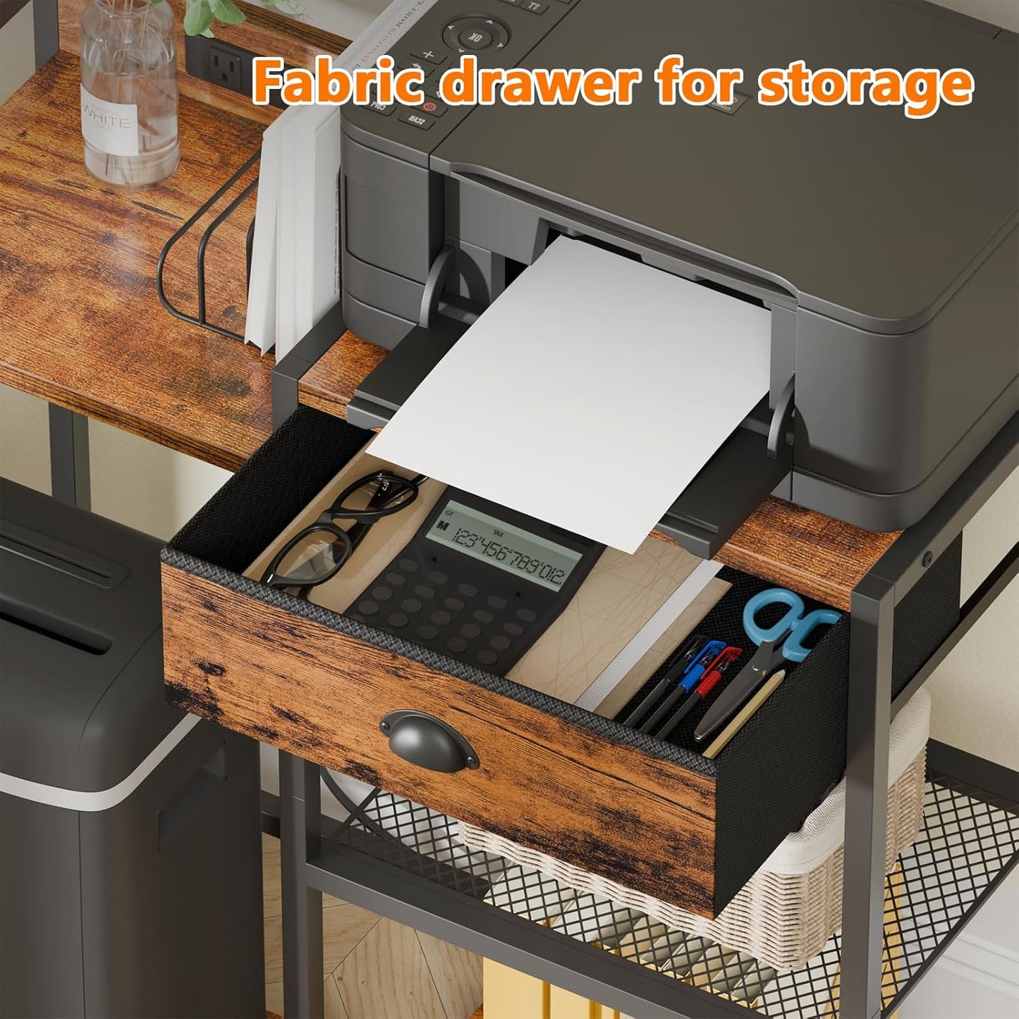 Furologee 3-Tier Printer Stand with Drawer, Charging Station & Wheels – Rustic Brown Printer Table with USB Ports for Home Office