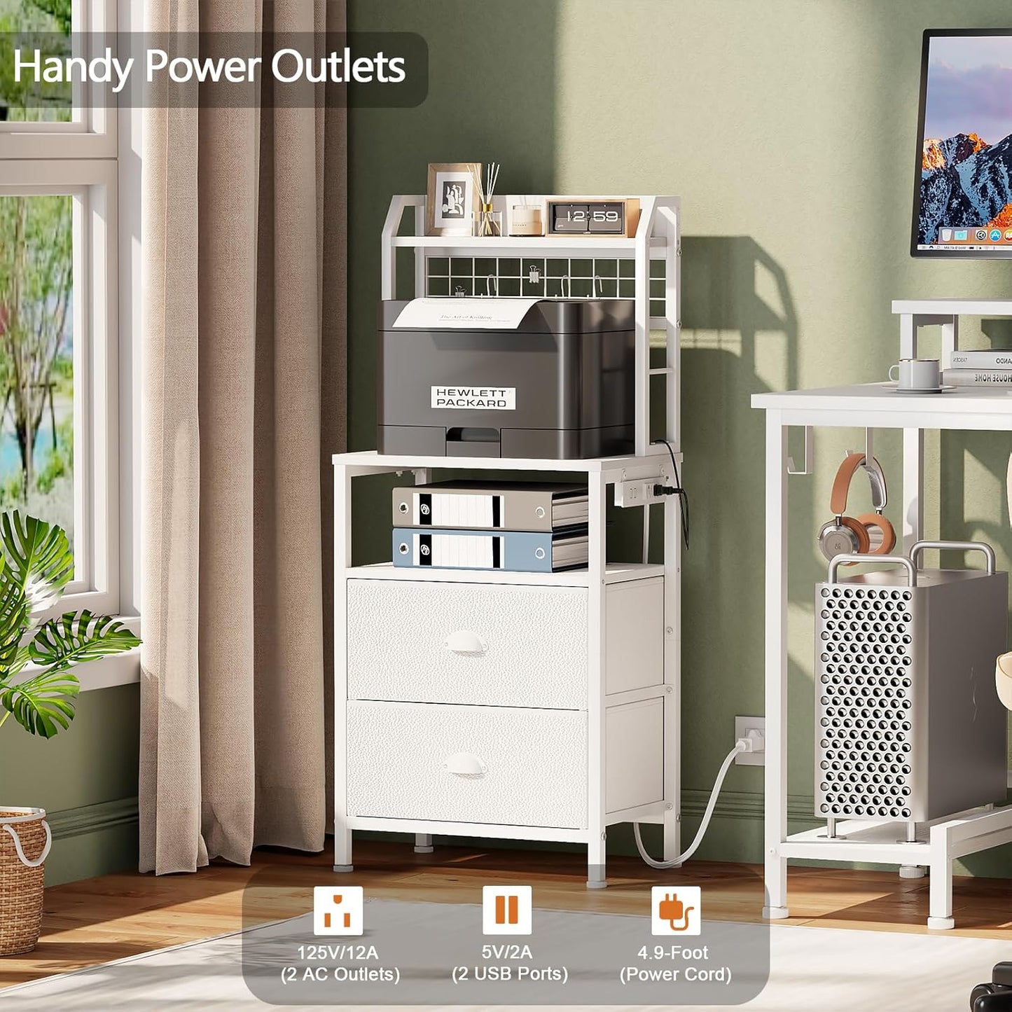 Furologee 40" Tall Nightstand with Charging Station, LED Lights & Storage – Bedside Table with Drawers & Pegboard