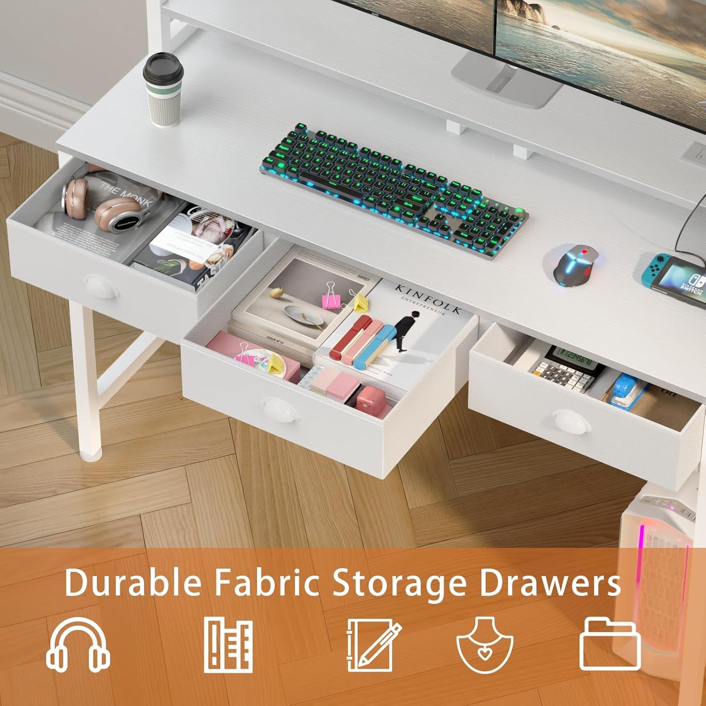 Furologee Computer Desk – 3 Drawers, Power Outlet, LED Light, Monitor Stand & Hutch, White