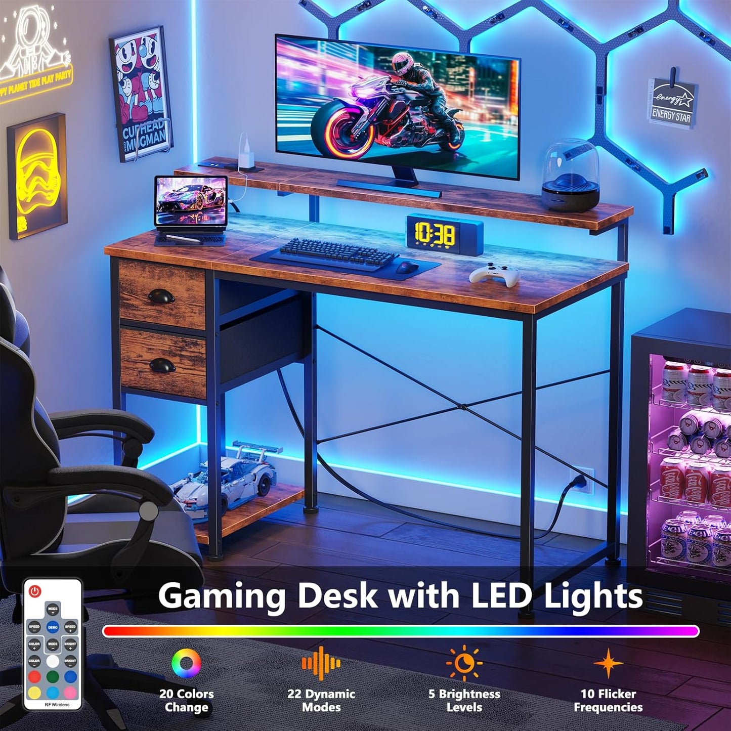 Computer Gaming Desk with Power Outlets & LED Lights, Reversible Home Office Desk with 2 Storage Drawers, Full Monitor Stand, 47 Inch Work Writing Study Table, Rustic Brown