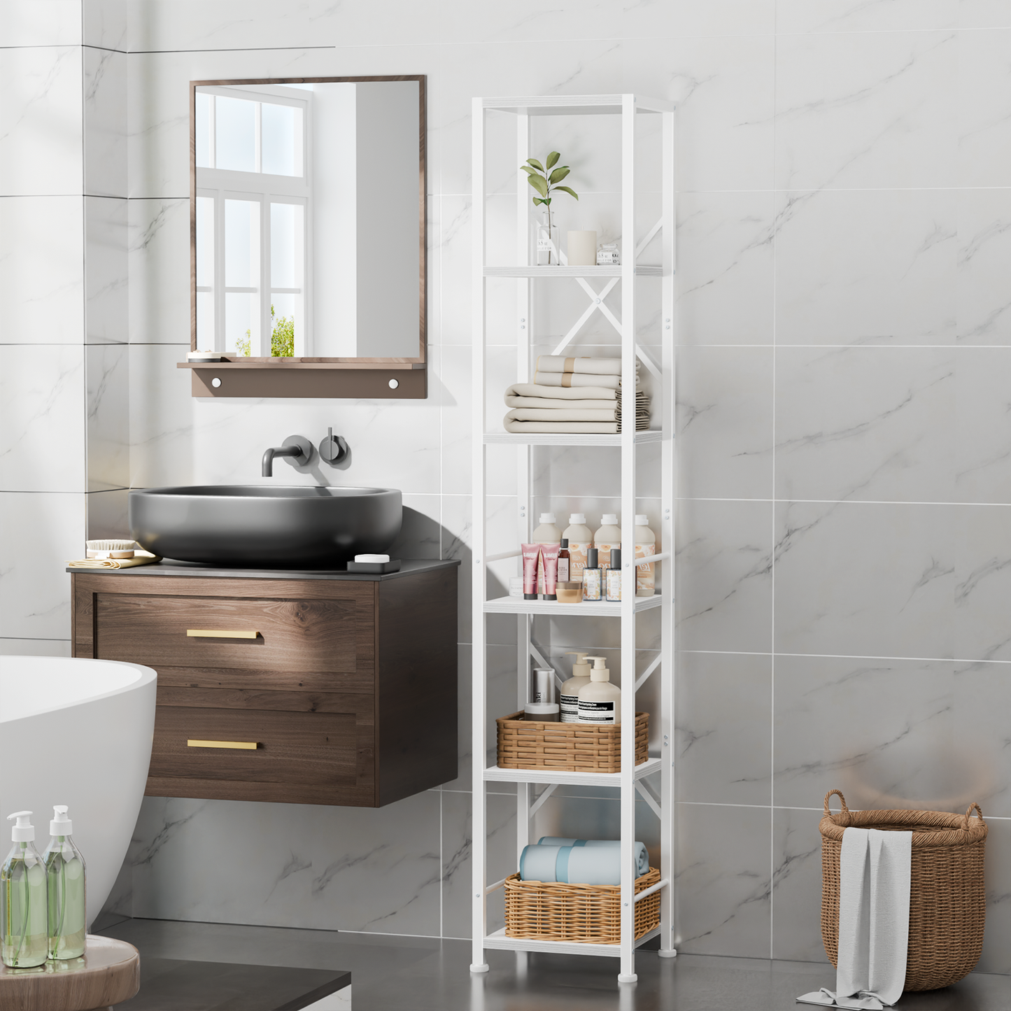 Furologee White Bookshelf 6 Tier Tall Narrow Bookcase, Modern Display Standing Shelf Unit