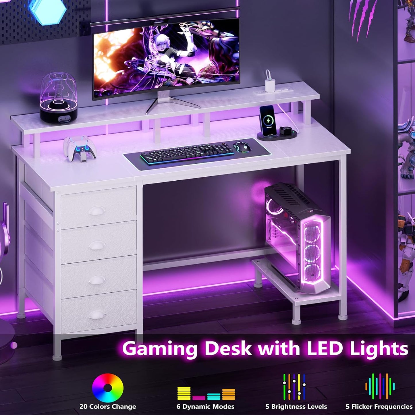 Furologee 55" Gaming Computer Desk with LED Lights, Power Outlets & 4 Fabric Drawers – Monitor Stand & Shelf for Home Office
