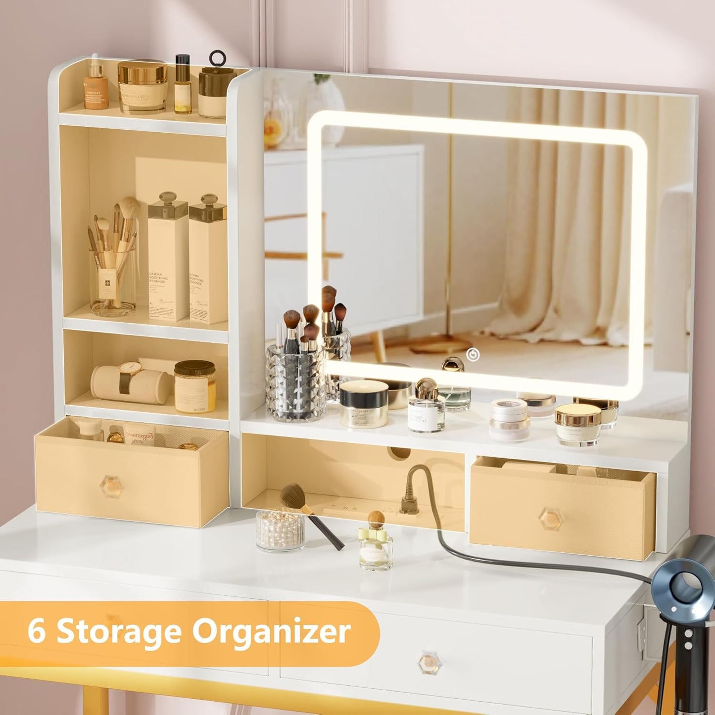 Furologee Vanity Desk with LED Lights Mirror and Power Outlets, Small Makeup Vanity Desk Stool Set with 4 Drawers, Dressing Table with Chair for Bedroom,3 Model Adjustable Lights,White and Gold