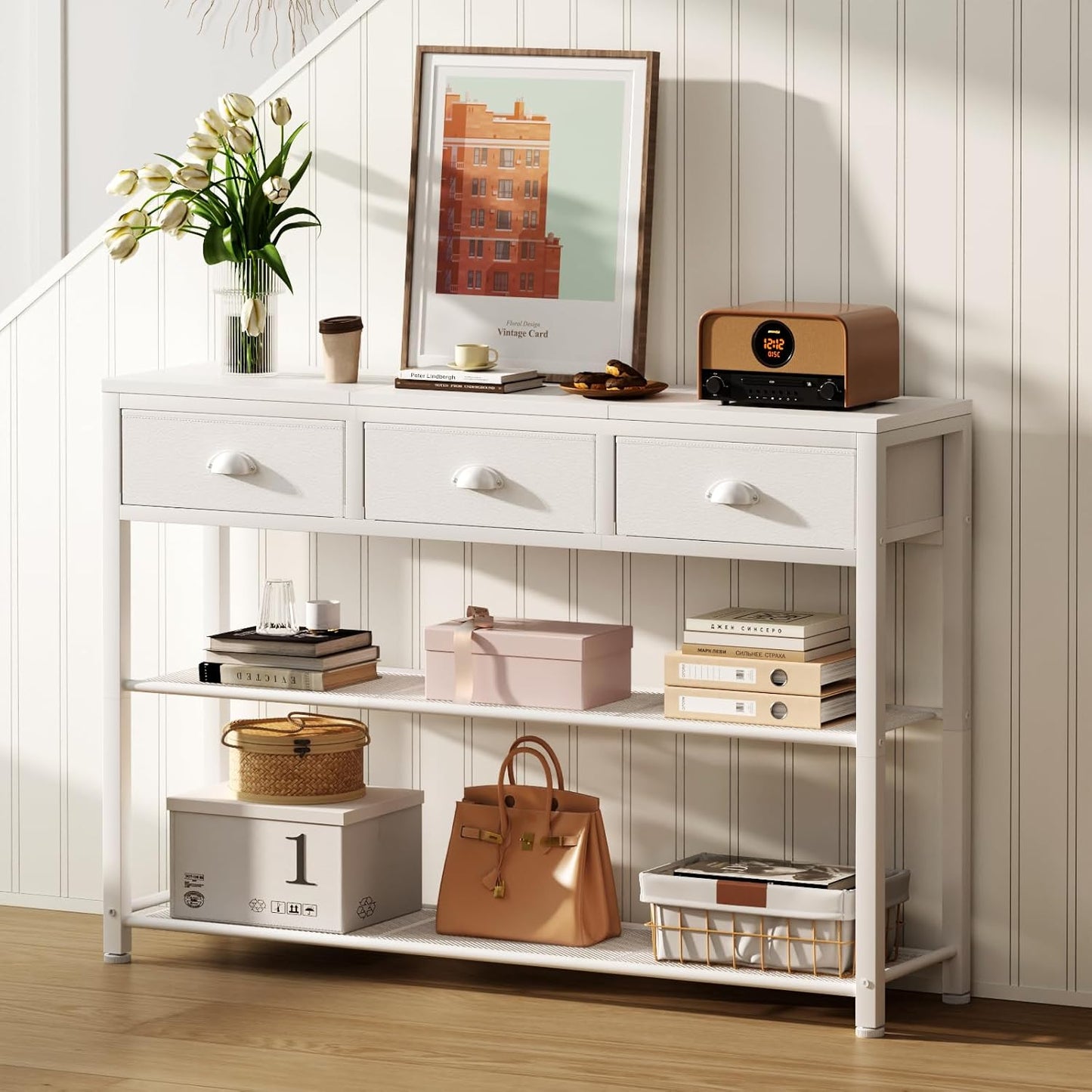 Furologee Entryway Console Table with 2 Fabric Drawers & Storage Shelf – Rustic Brown Hallway Sofa Table for Foyer or Entrance
