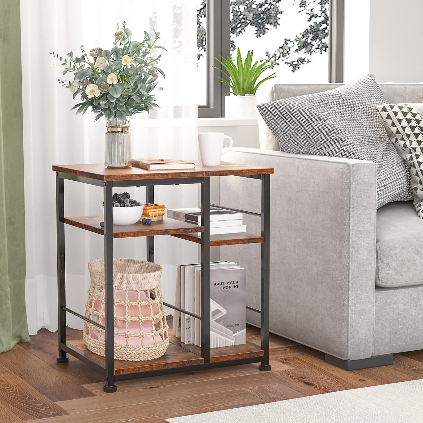 Furologee 3-Tier Mobile Printer Stand with Wheels & Storage Shelf – Rolling Under Desk Cart with Hooks for Home Office, Rustic Brown